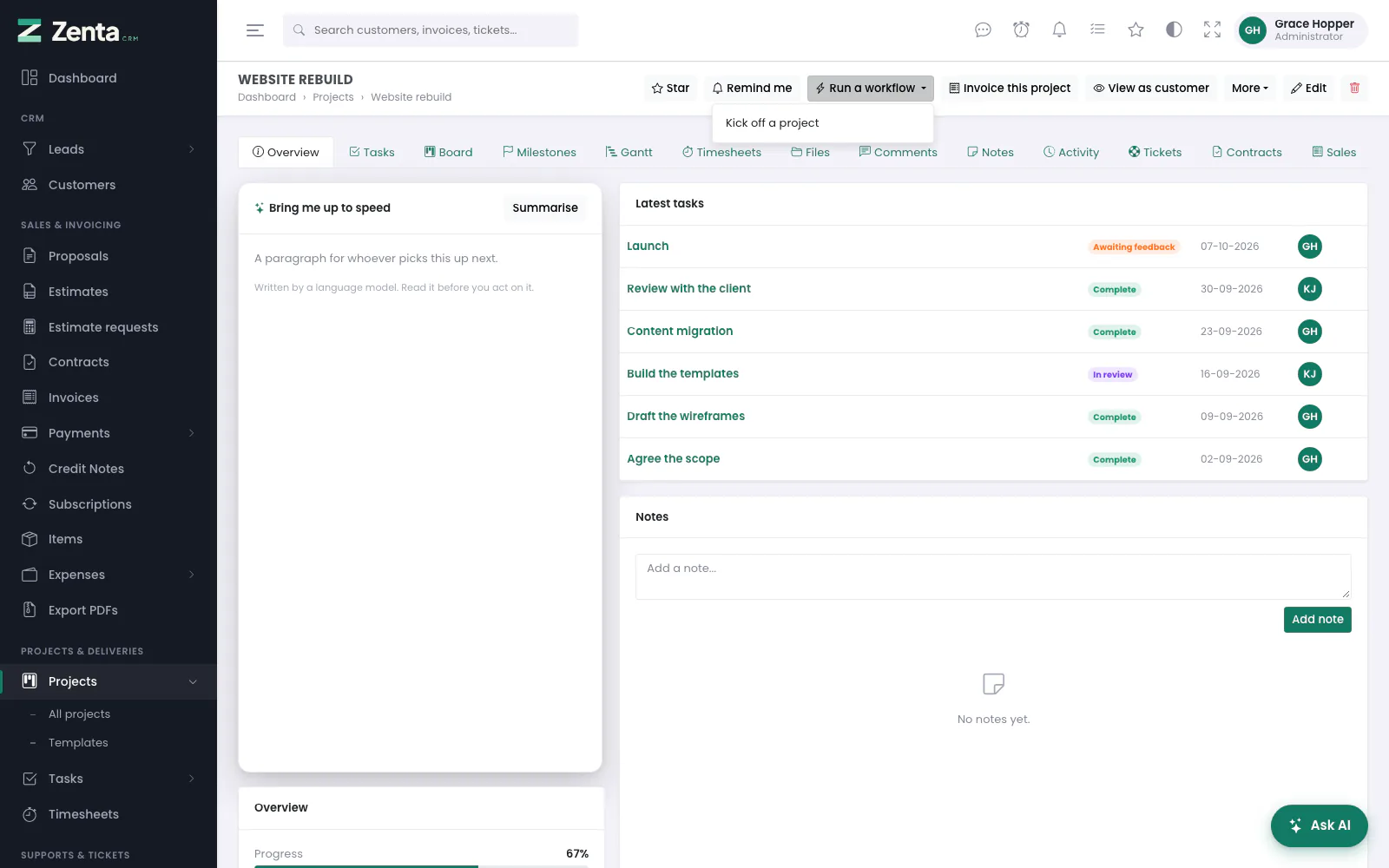 A run-by-hand rule on a project page, under Run a workflow.
