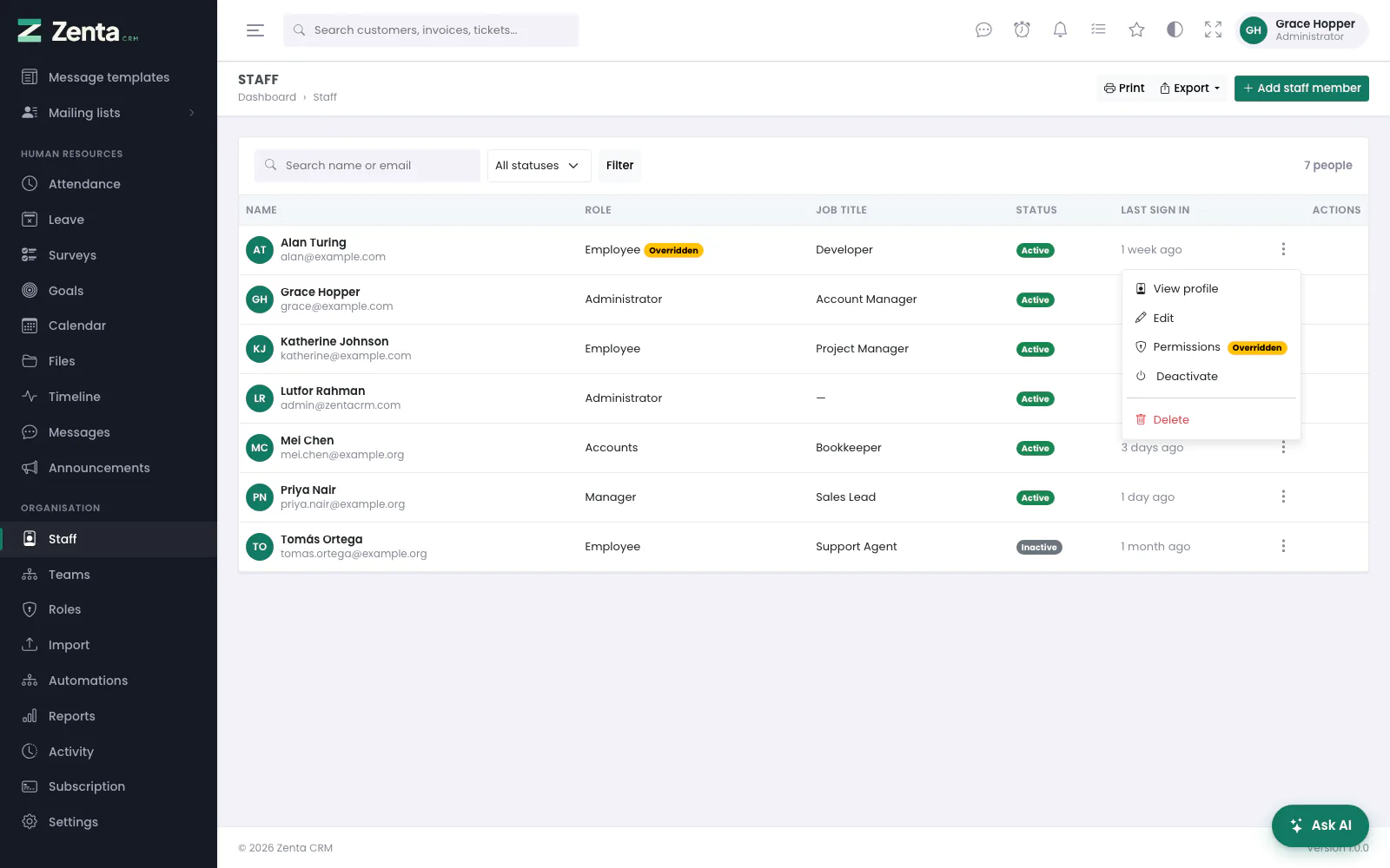 The row menu: the profile, the edit dialog, the person's permissions, deactivating and deleting.