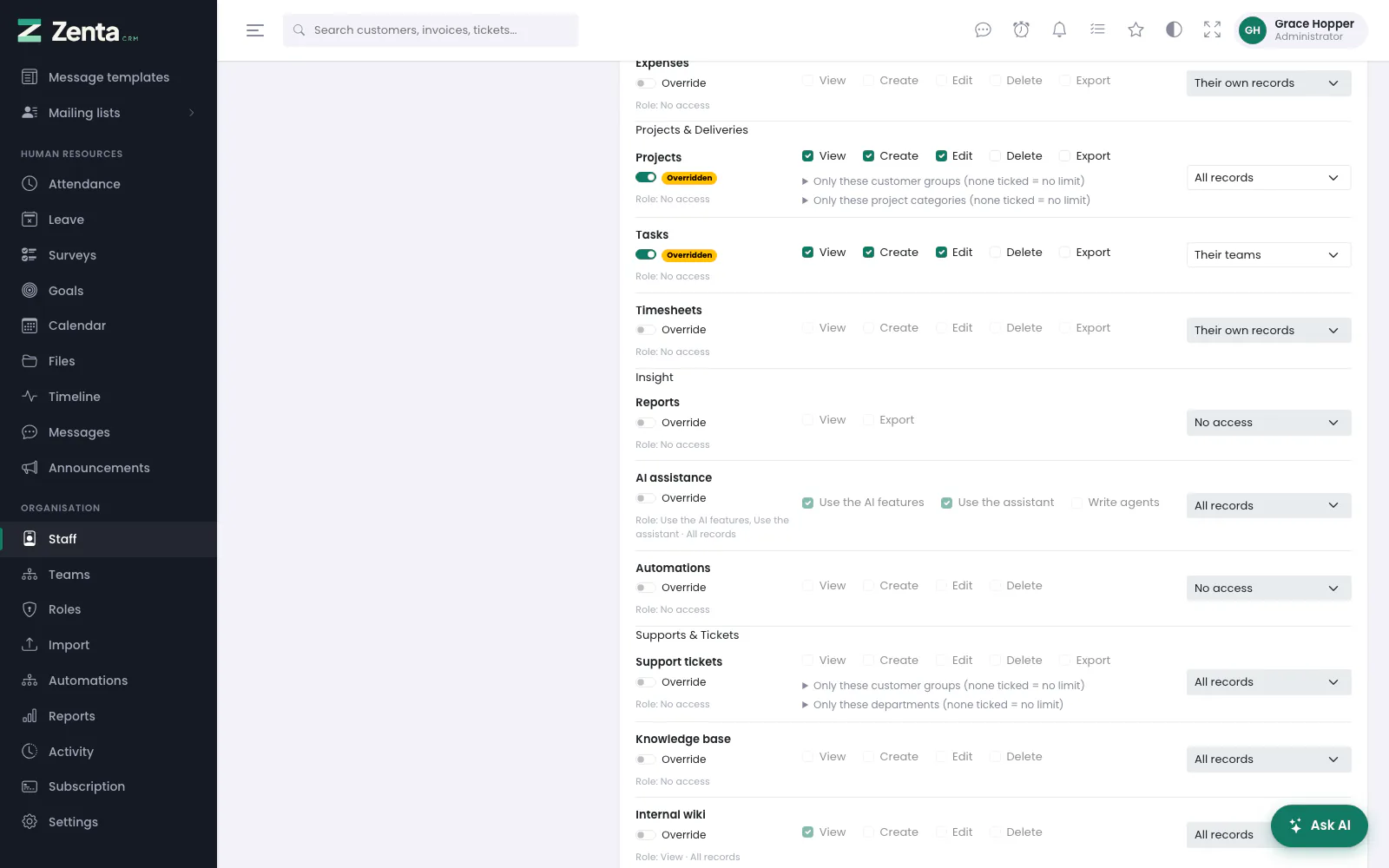 Two modules overridden: this person may work on every project, whatever their role says.