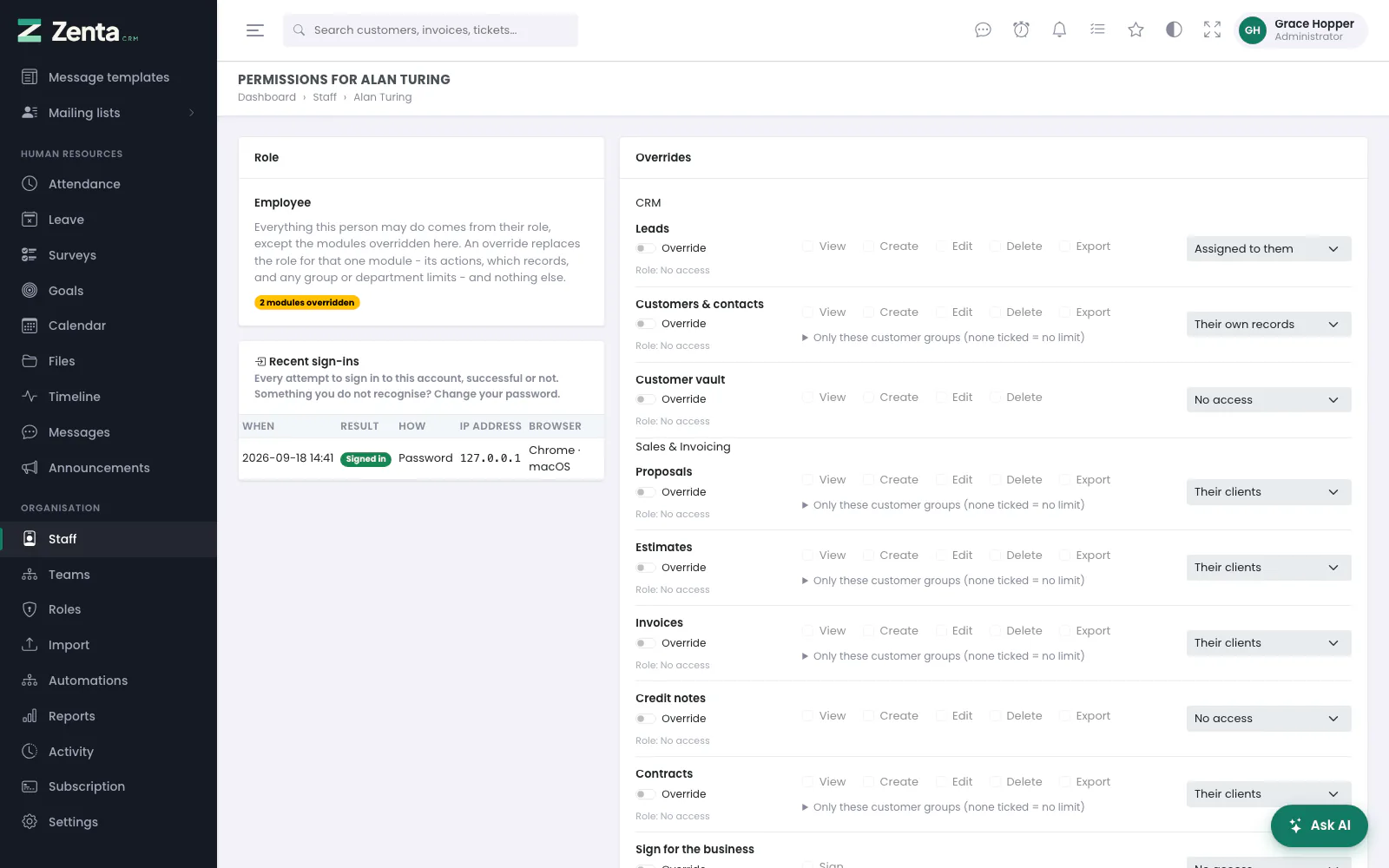 Permissions for one person: their role on the left, the modules on the right, and their recent sign-ins.
