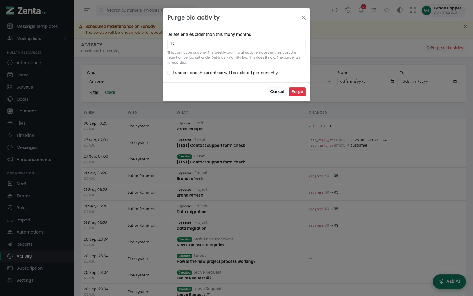 Purge old activity: how many months to keep, and the confirmation.