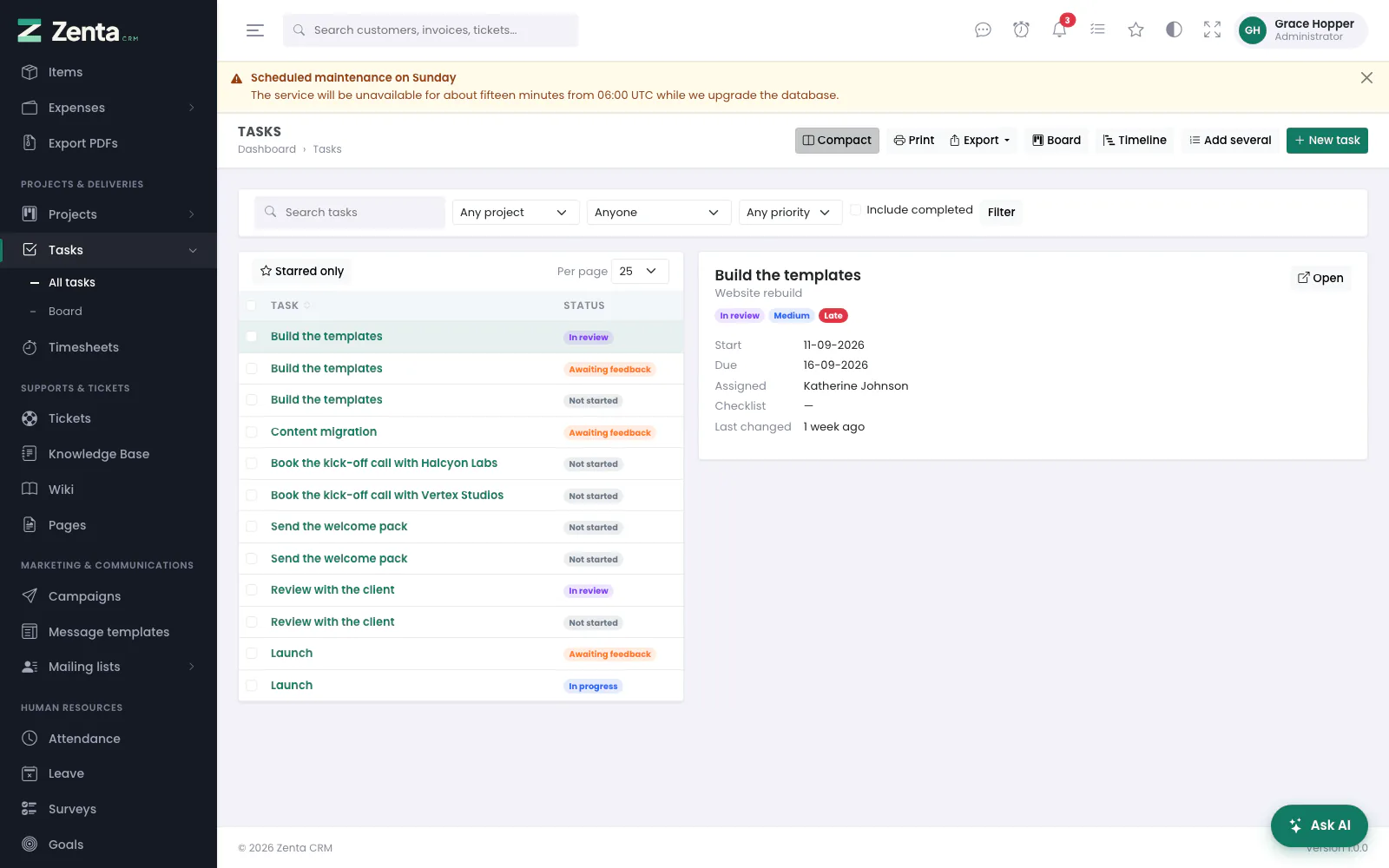 The tasks list in its compact layout, with the selected task beside it.