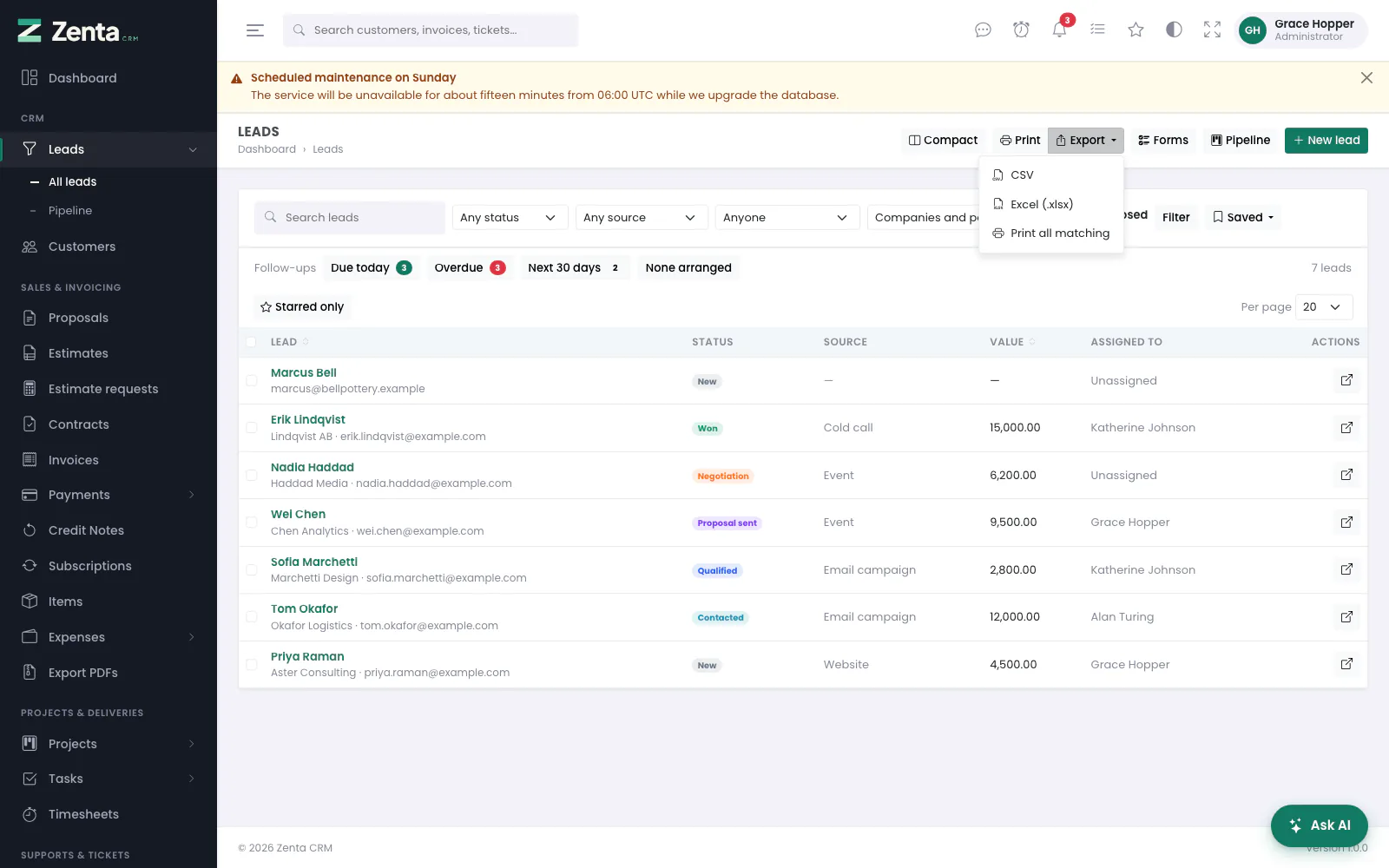 The Export menu on the leads list: CSV, Excel and Print all matching.