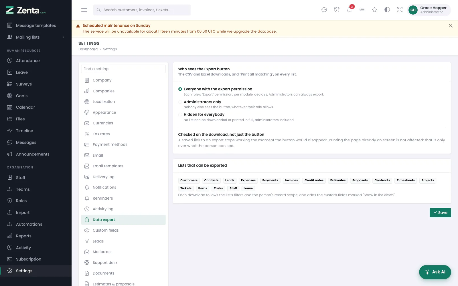 Settings → Data export: one switch for the whole workspace, and the lists it covers.