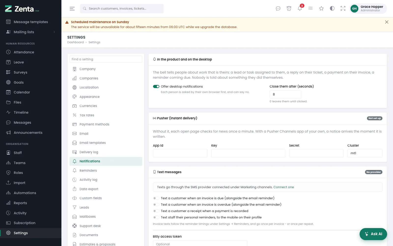 Settings → Notifications: desktop notices, Pusher and text messages.