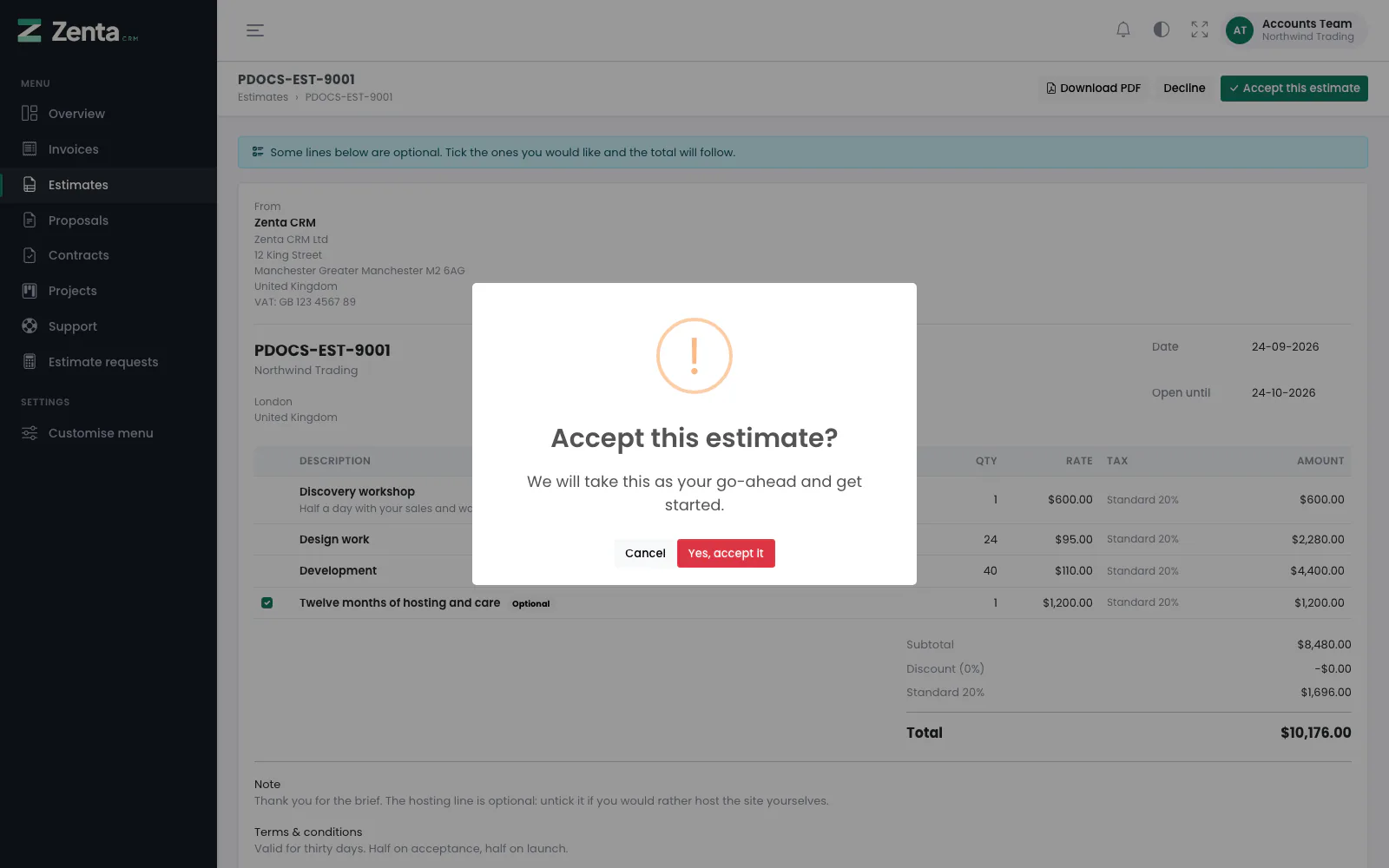 Accepting asks first: it is the one button in the portal that commits the customer to money.