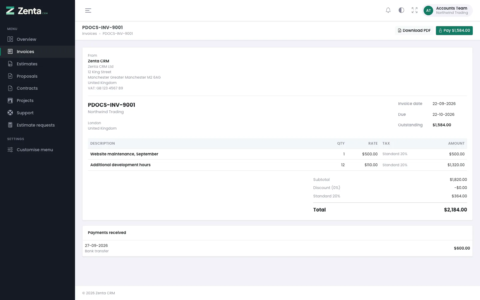 An invoice that has been part paid, with the Pay button and the payment already received.