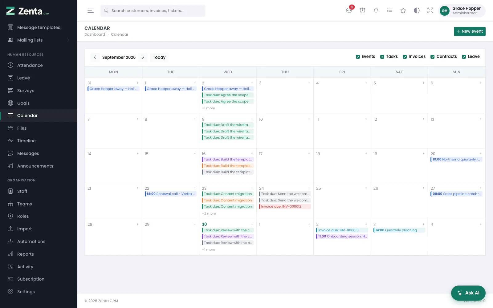 The calendar: a month of your events, tasks due, invoices due and leave, with each source ticked on or off.