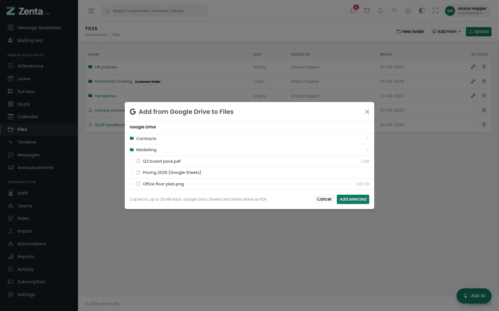Add from Google Drive: open a folder, tick files, and they are copied in.