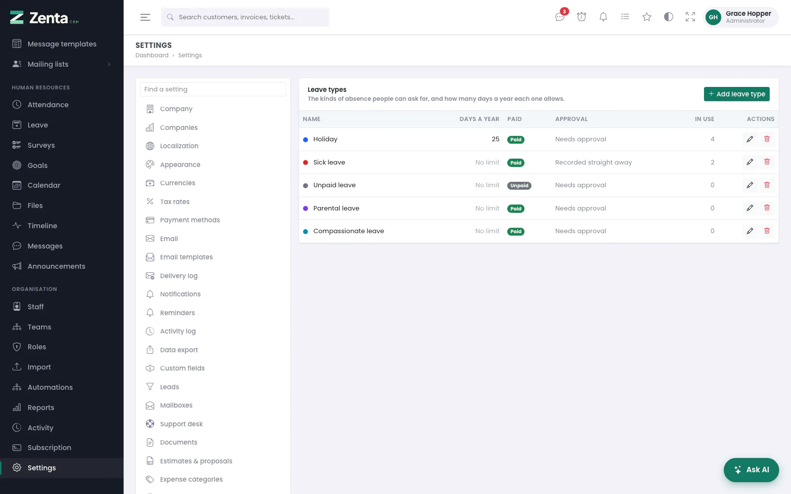 Settings, Leave types: each type's allowance, whether it is paid, whether it needs approval, and how often it has been used.