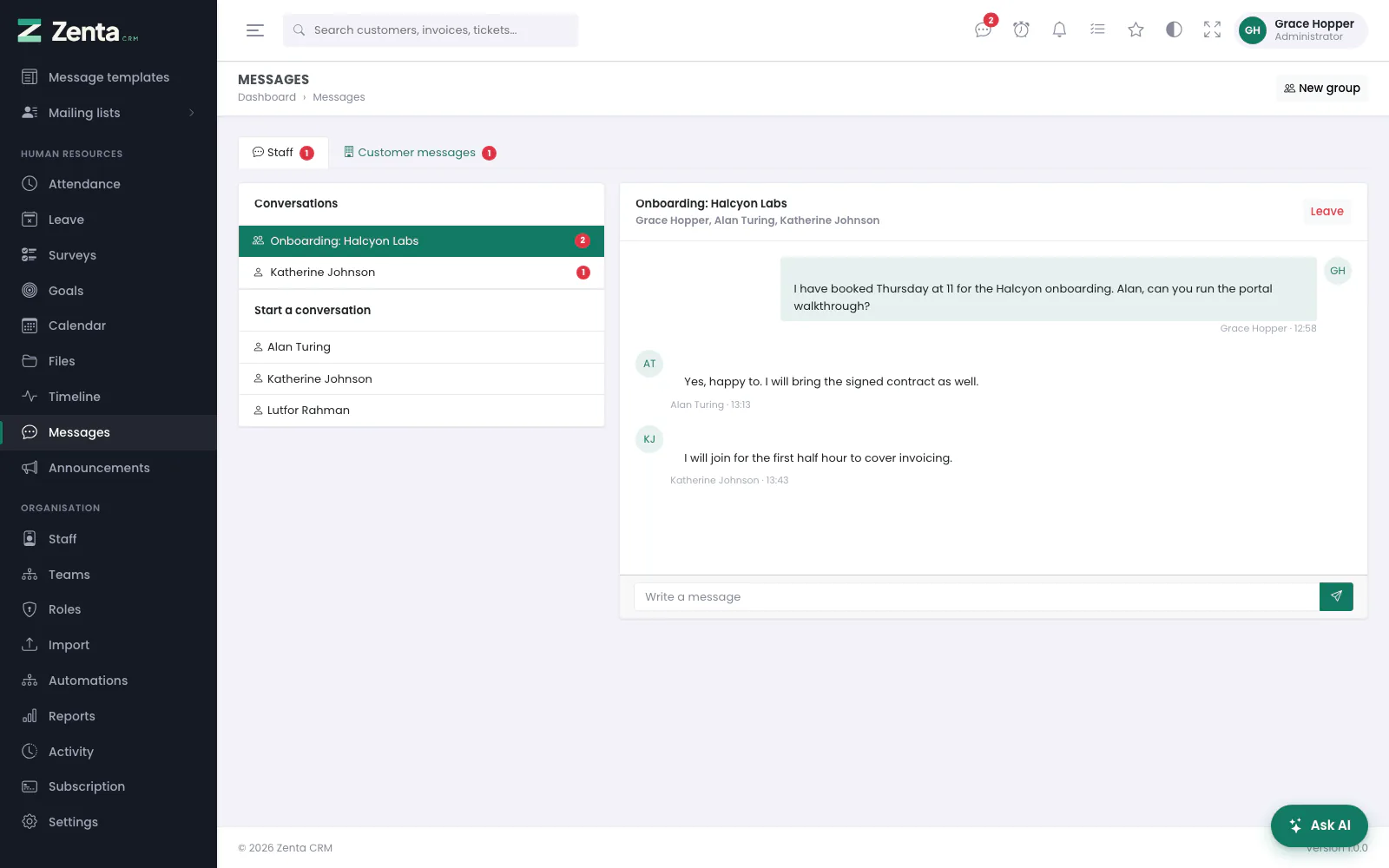 Messages: your conversations, the colleagues you can start one with, and the open thread.