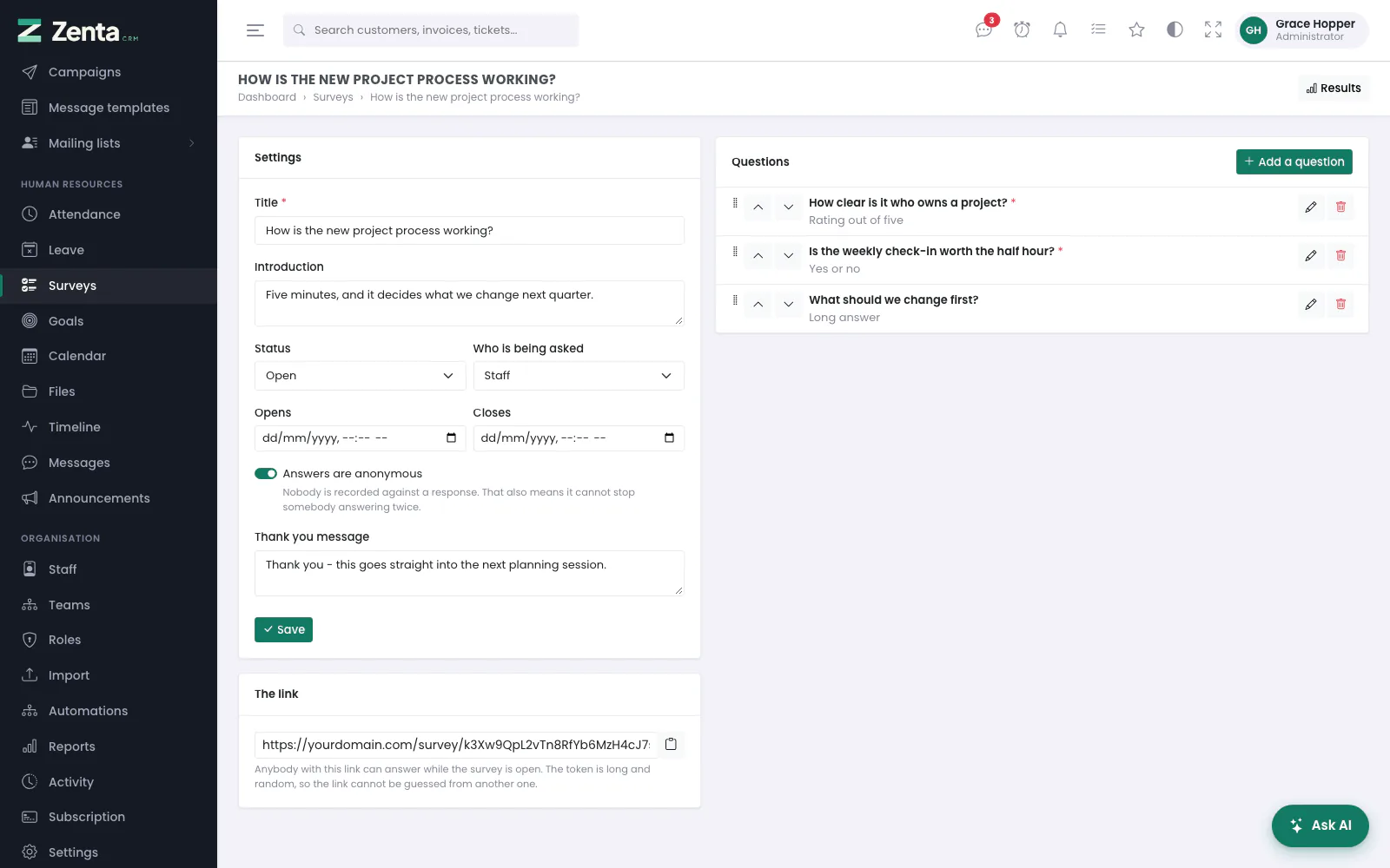 A survey's page: its settings and link on the left, its questions on the right.
