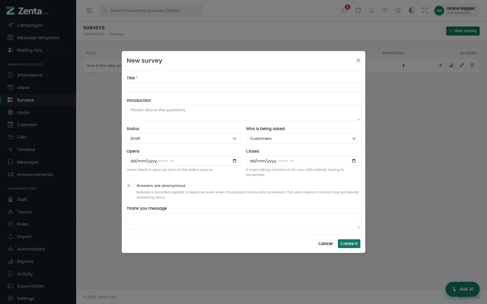 New survey: the settings. Questions are added on the next screen.
