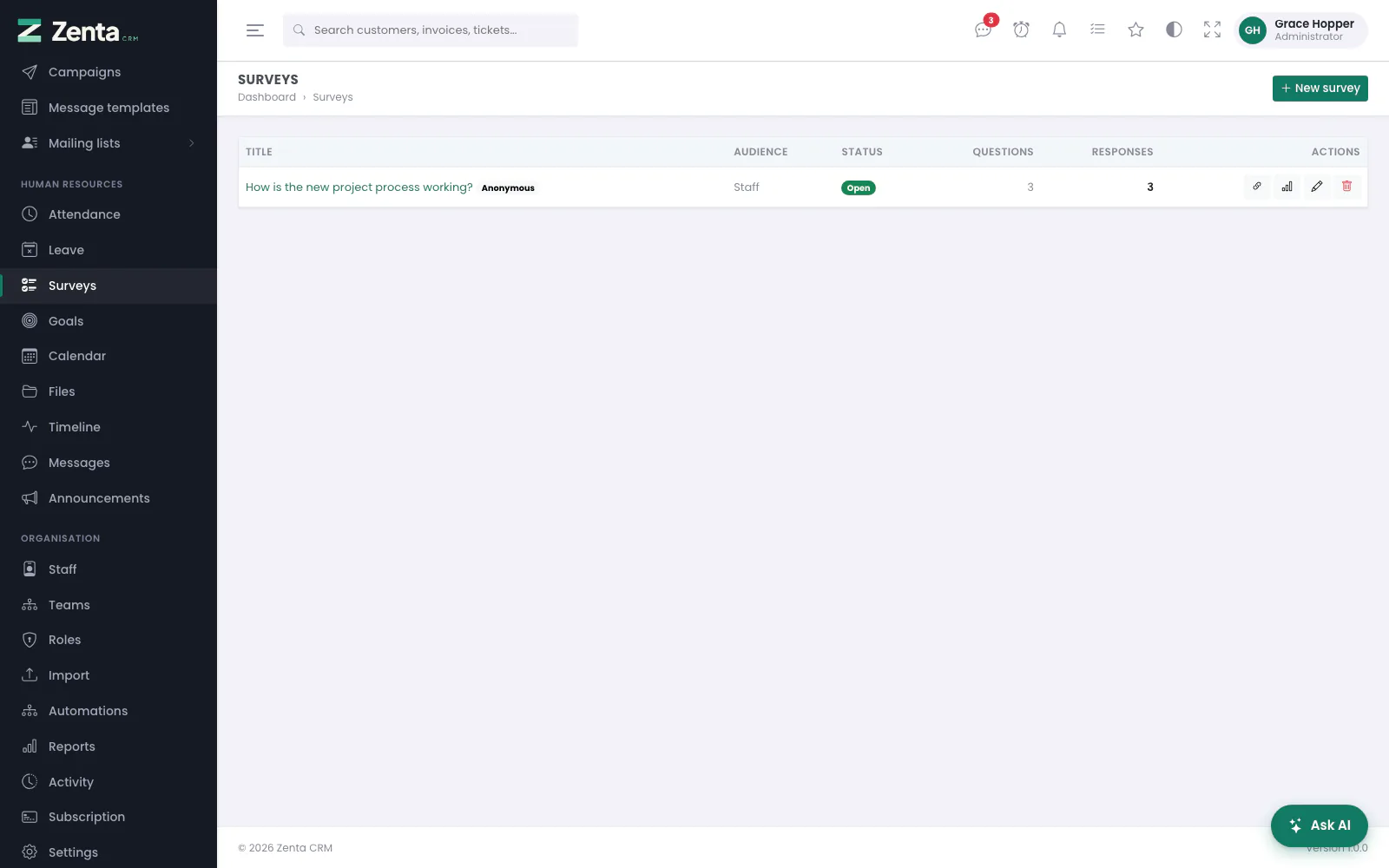 Surveys: each one's audience, status, questions and responses, with the link, results, edit and remove buttons.