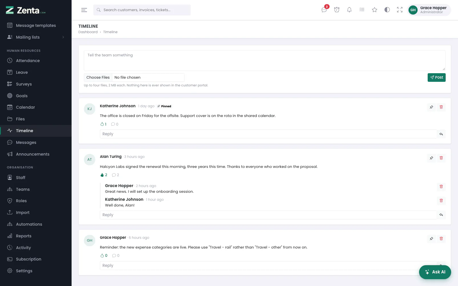The timeline: a post box, a pinned post, reactions and replies.