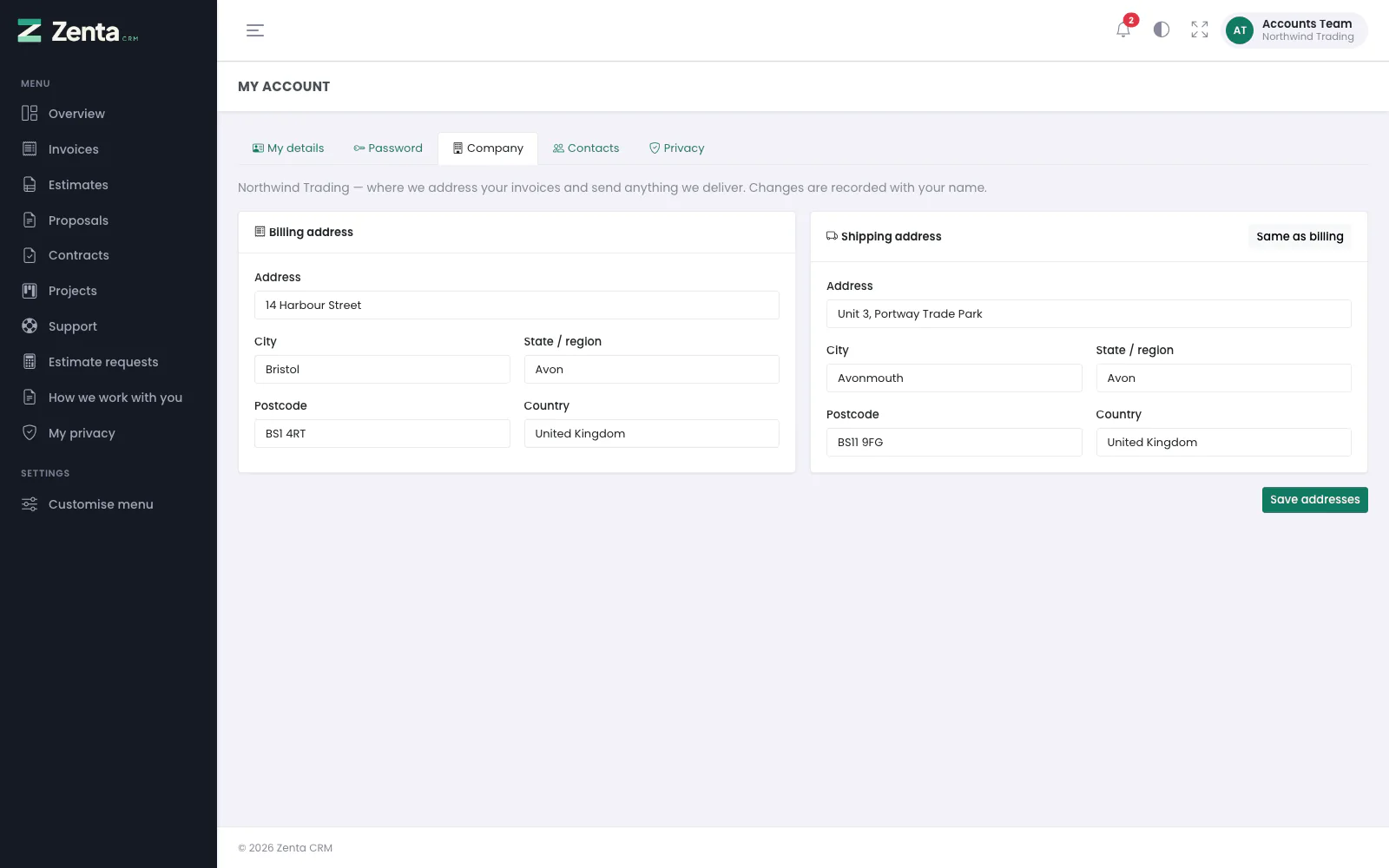 Company for a primary contact: both addresses can be changed.