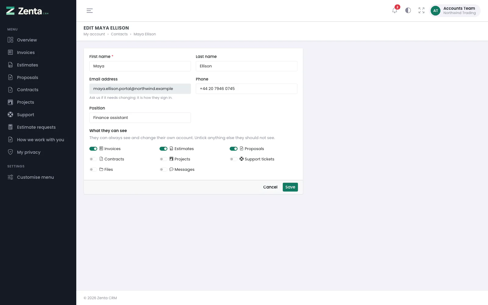 Editing a colleague who may see invoices, estimates and proposals only.