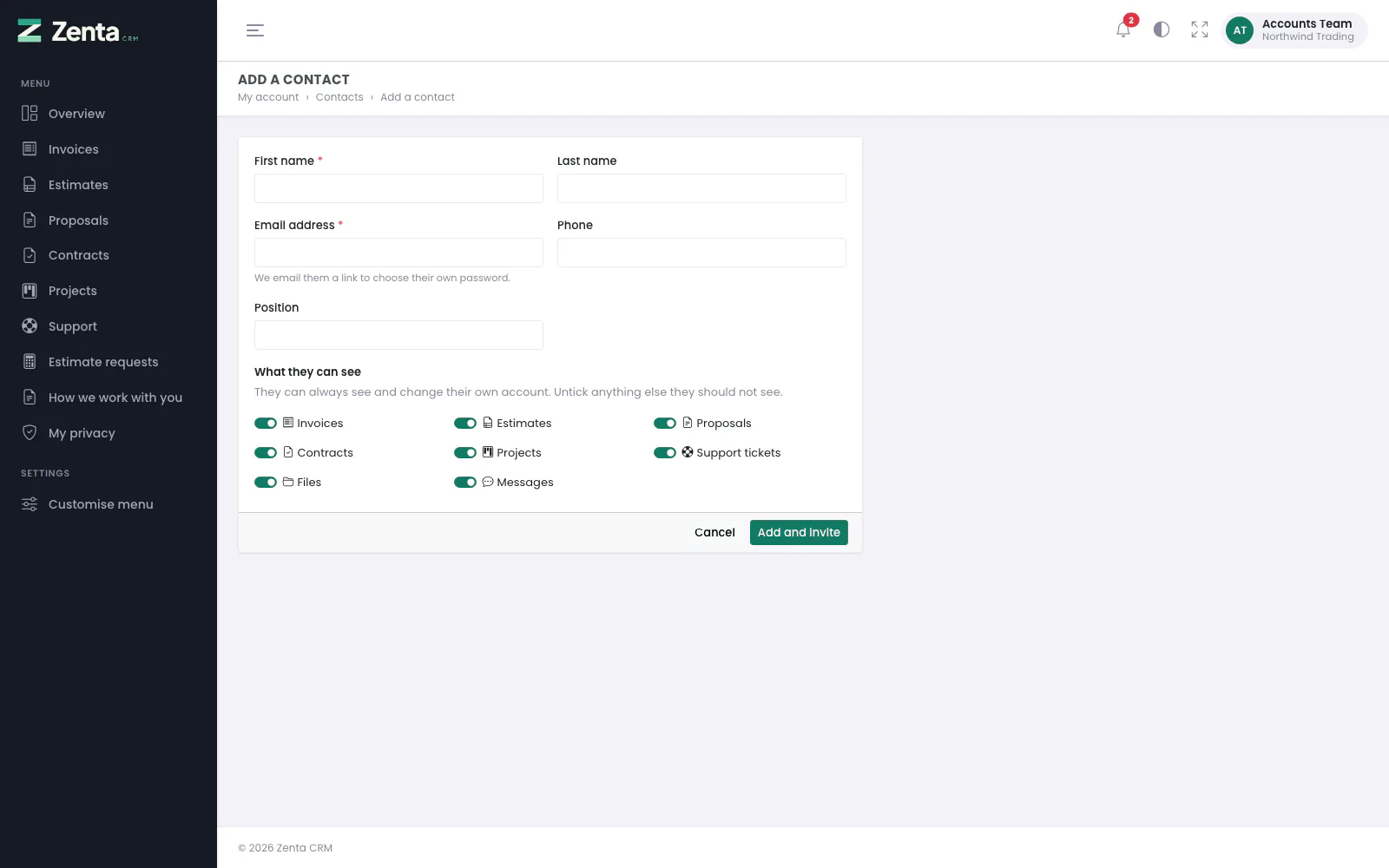 Add a contact: their details, and what they will be able to see.