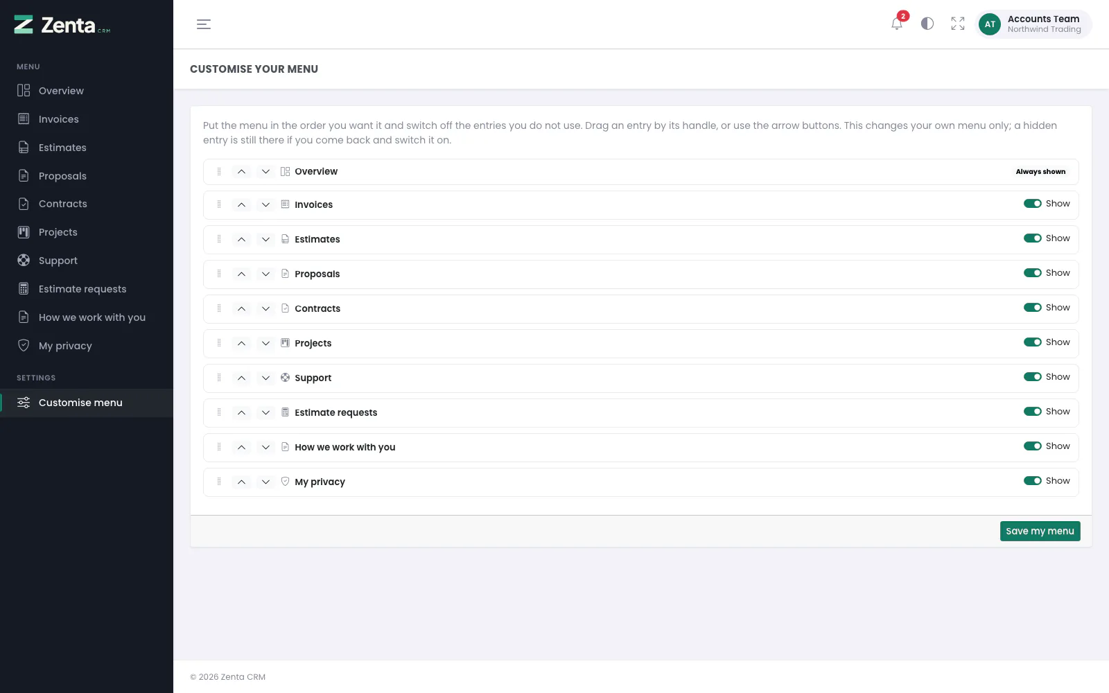 Customise your menu. Overview is always shown.