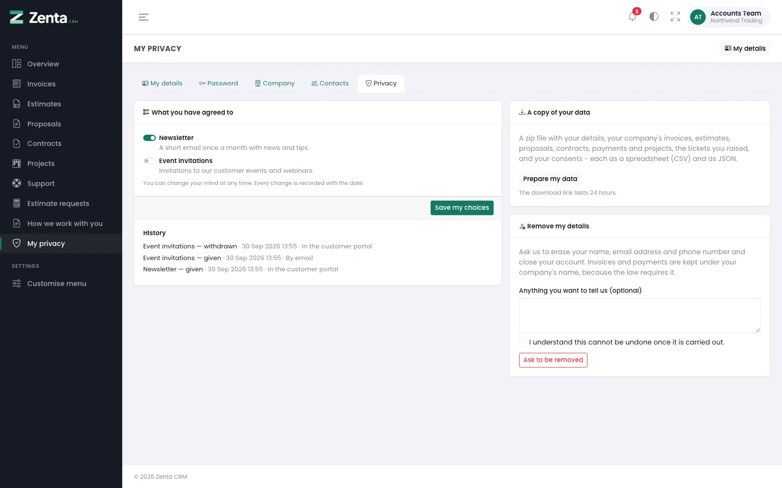 My privacy: consents with their history, a copy of your data, and asking to be removed.