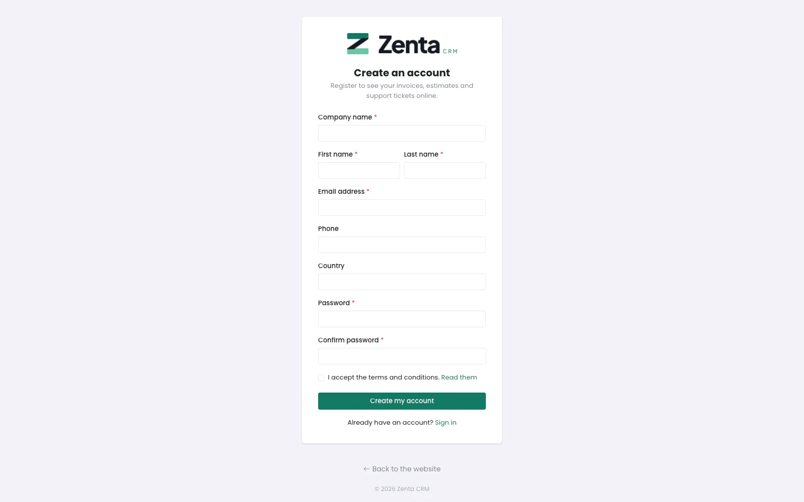 Create an account, here asking for a company name, phone and country, with the terms to accept.
