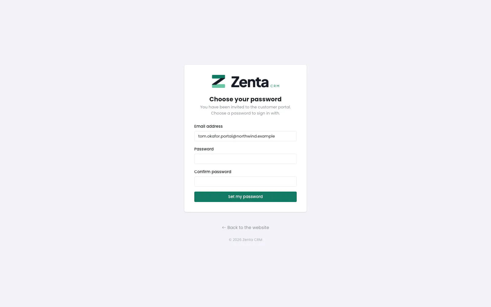 Choose your password: the page the invitation link opens.