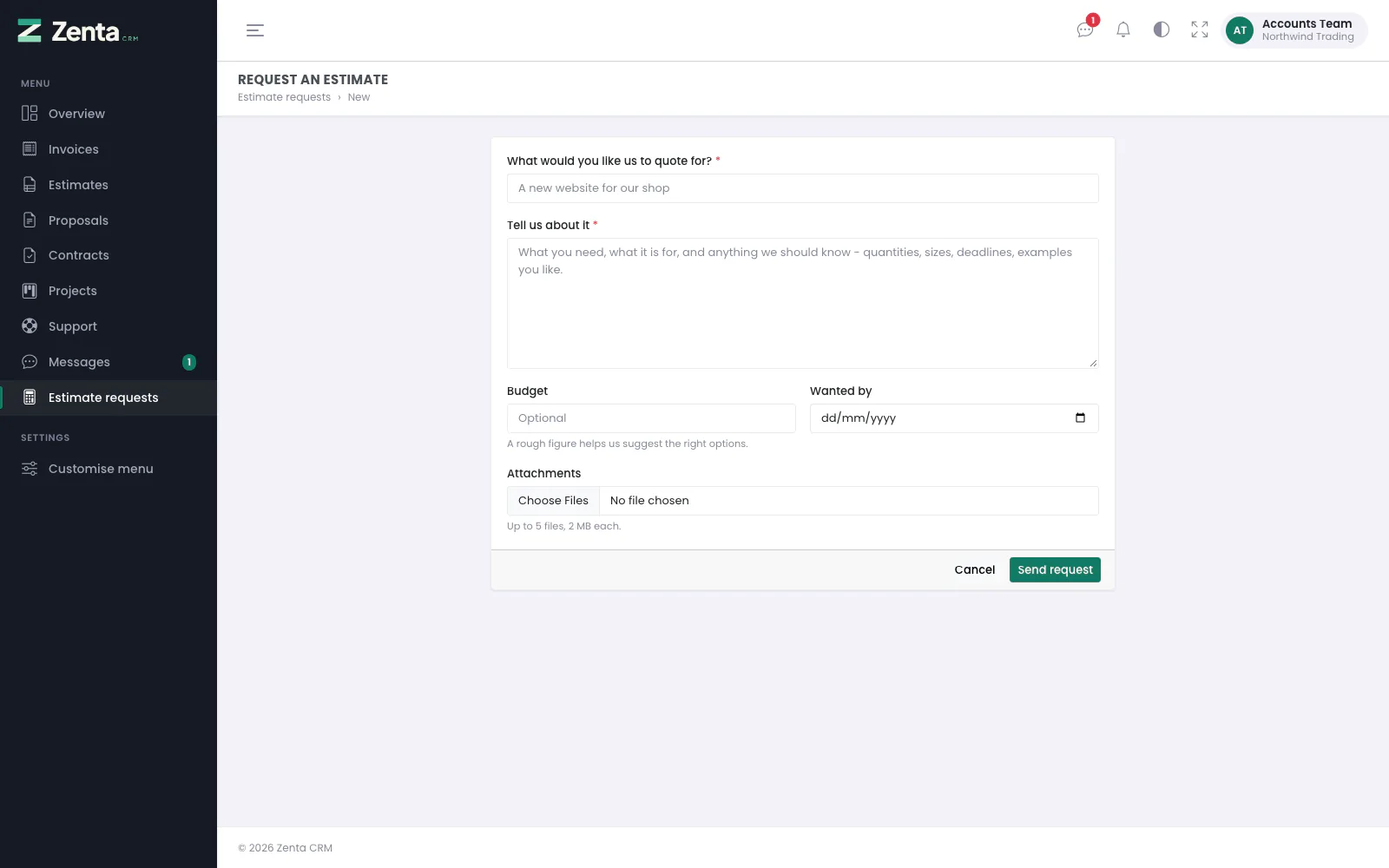 Requesting an estimate from the portal.