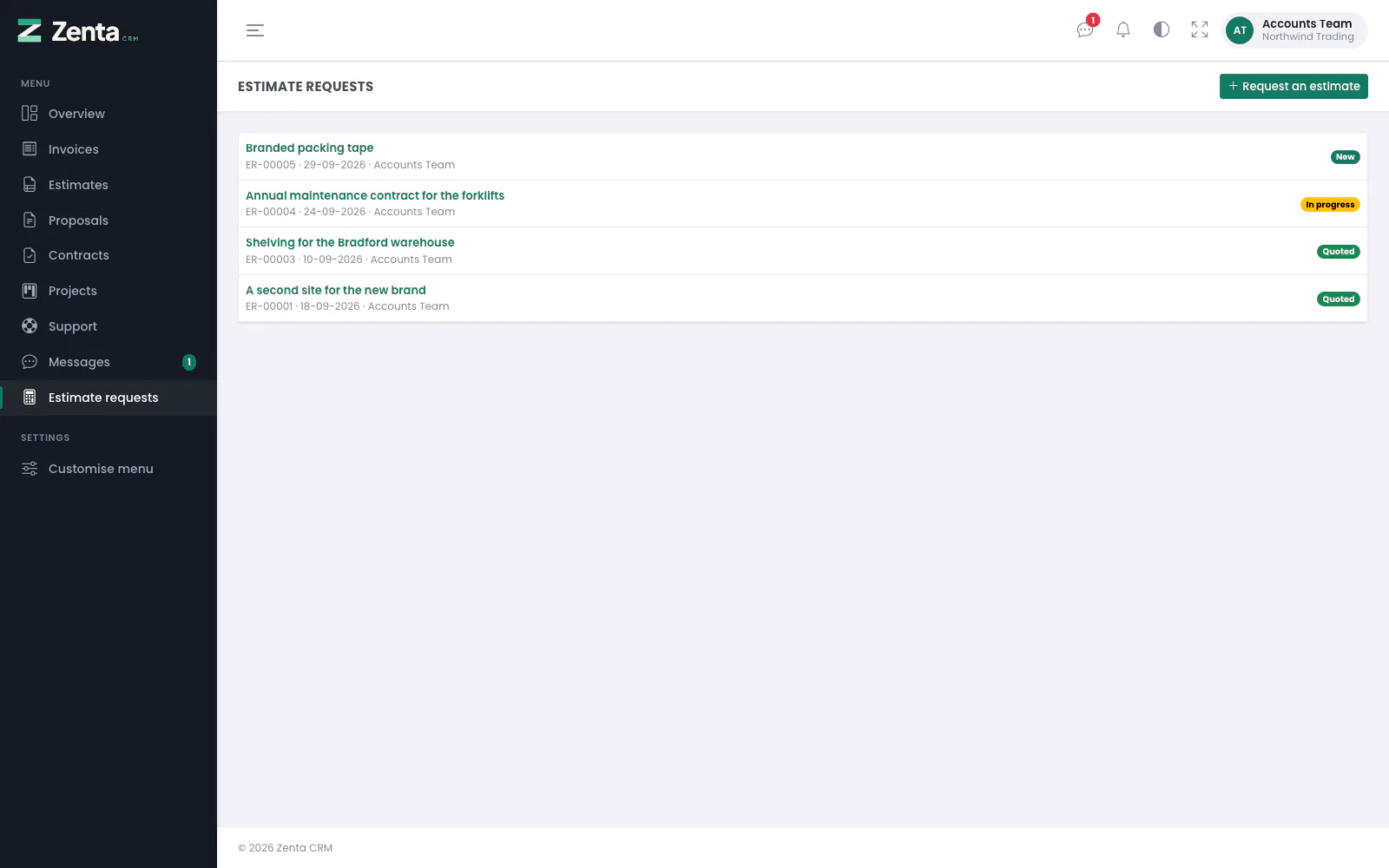 Estimate requests: every request from the company, newest first, with its status.