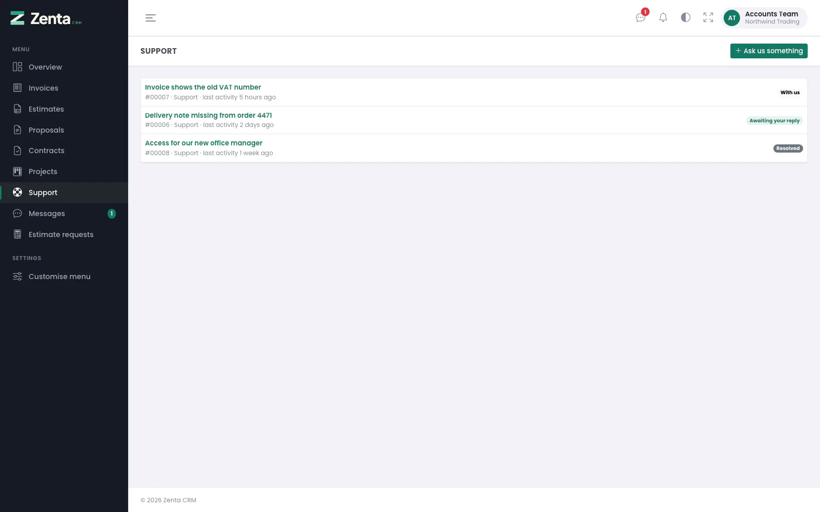 Support in the portal: every ticket your company has open with us, and whose turn it is.