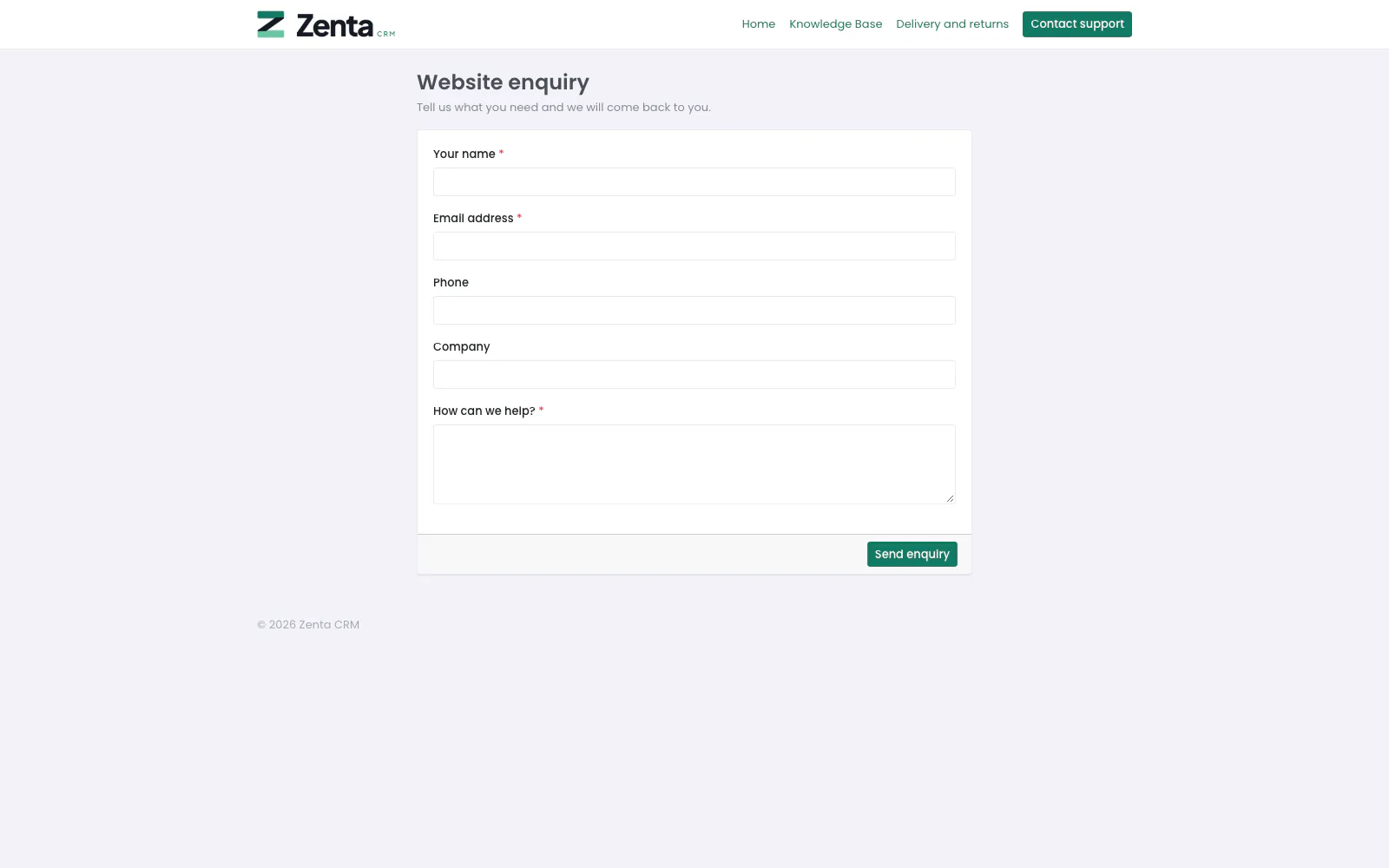 A web-to-lead form: its title, its introduction and the questions the business chose.