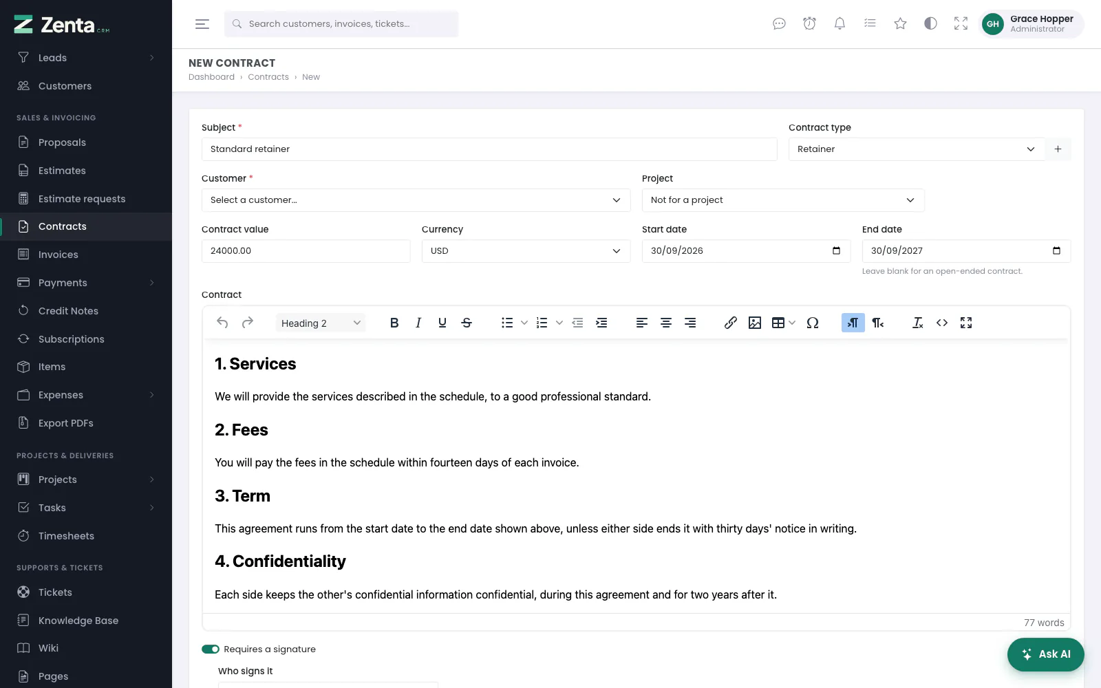 A contract started from the Standard retainer template: the wording, type and value filled in, and the end date a year from today.