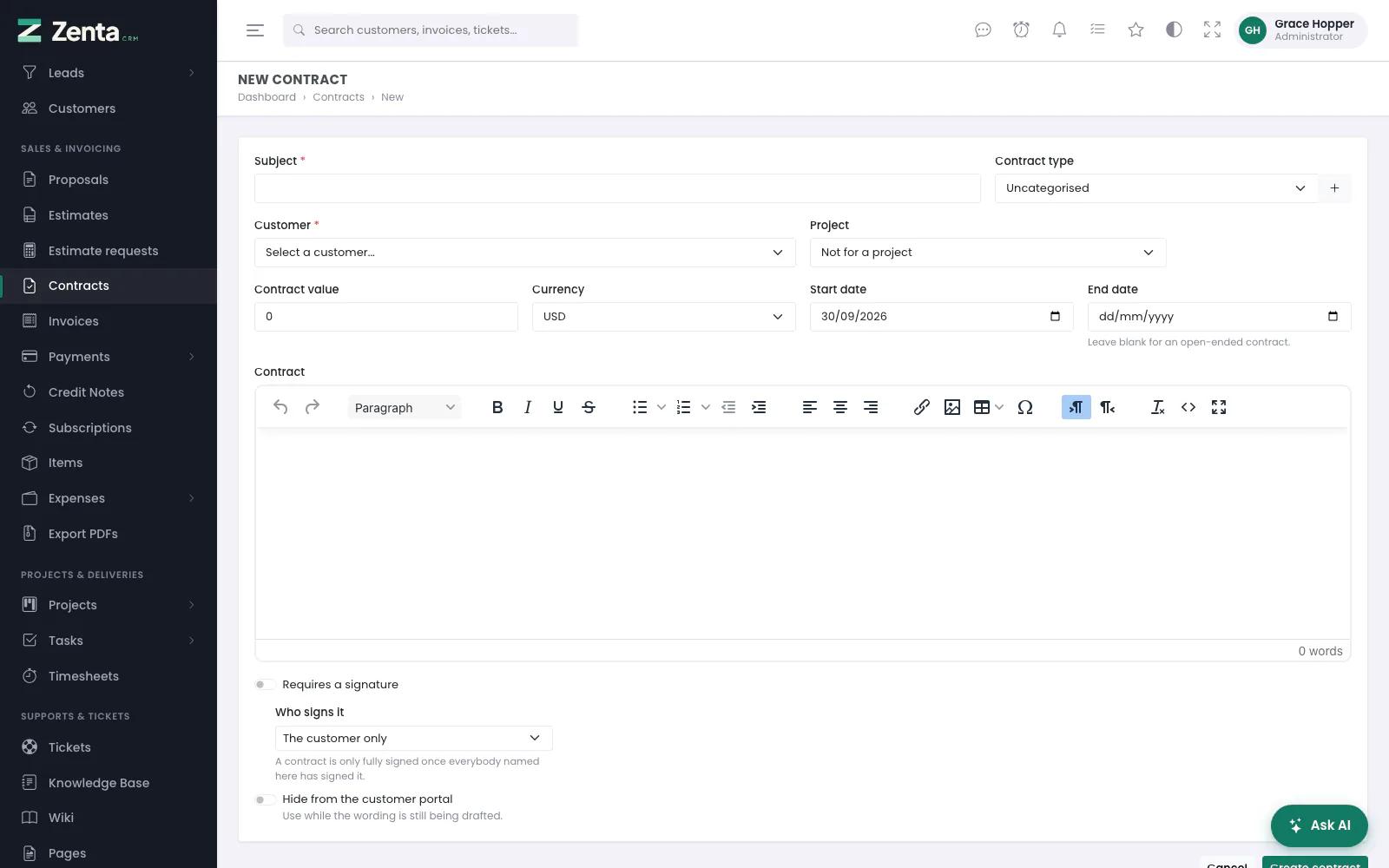 A new contract: subject, type, customer, value and dates, the wording, and who signs it.