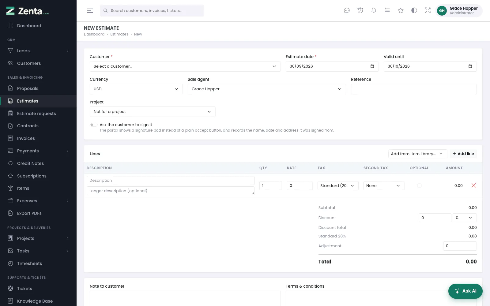 A new estimate: the customer, dates, currency, sale agent, reference, project and whether it must be signed.
