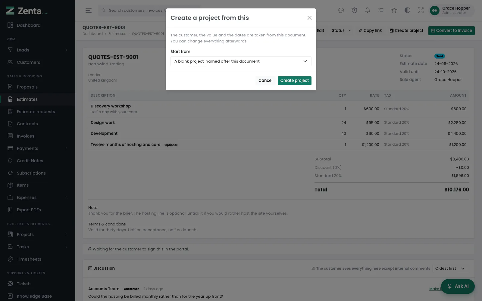 Create project: start from a blank project or one of your project templates.