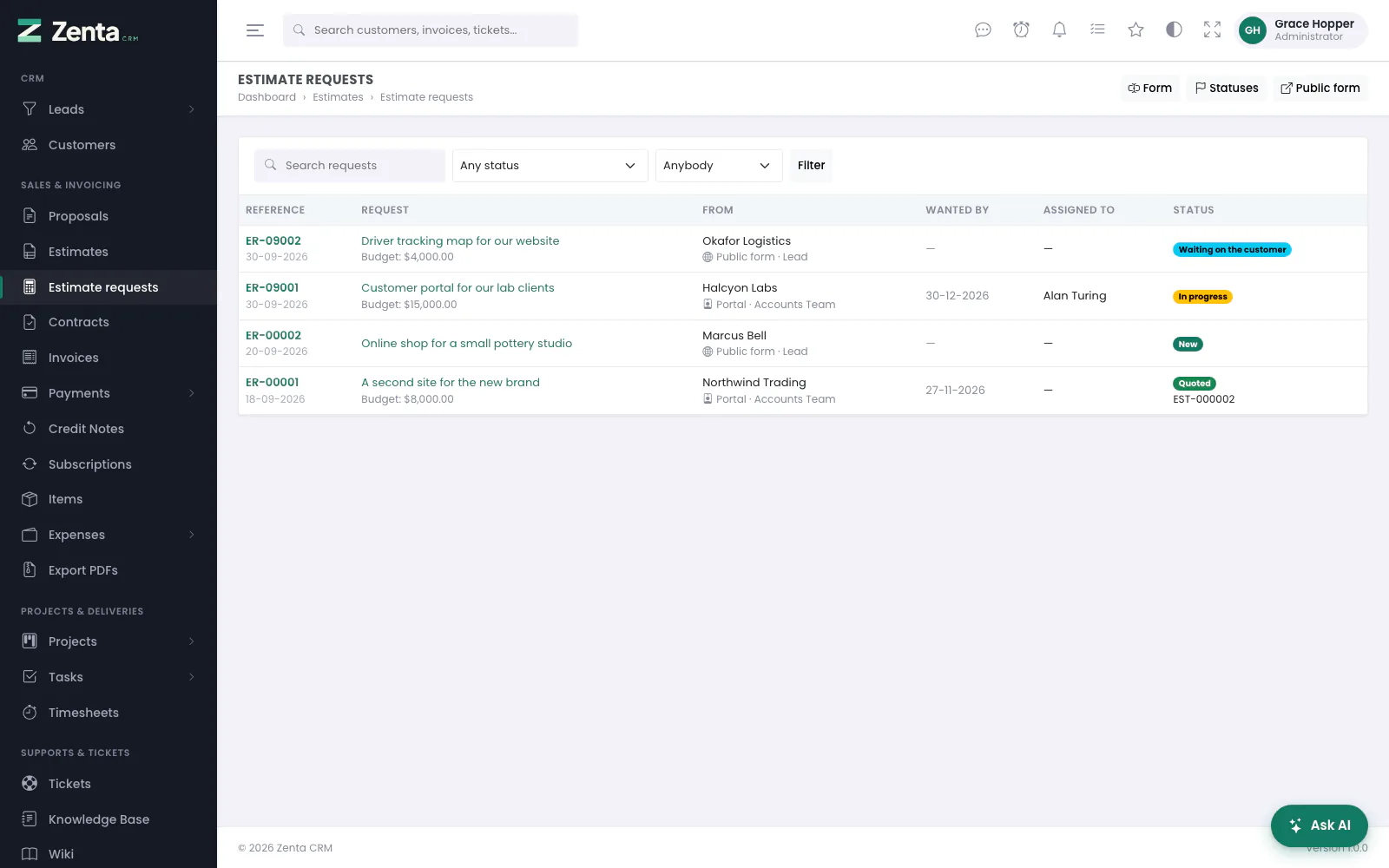 Estimate requests from the portal and the public form, who is handling each, and their status.