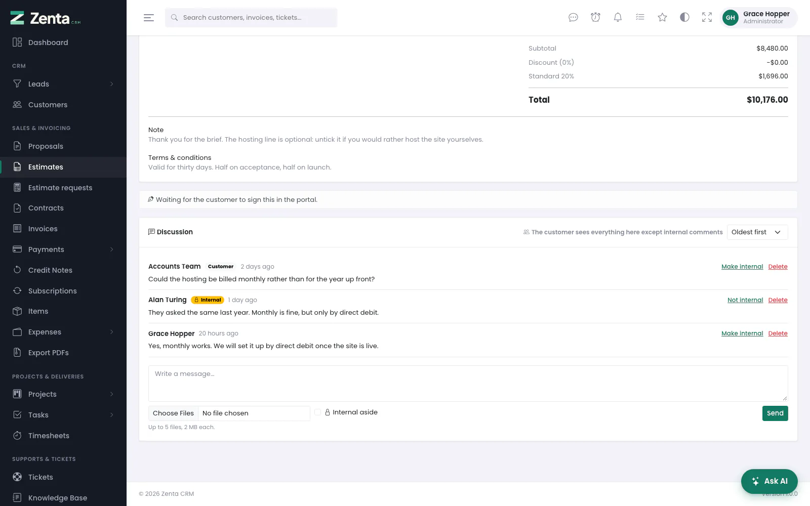 The Discussion under an estimate: a question from the customer, an internal aside, and the reply.