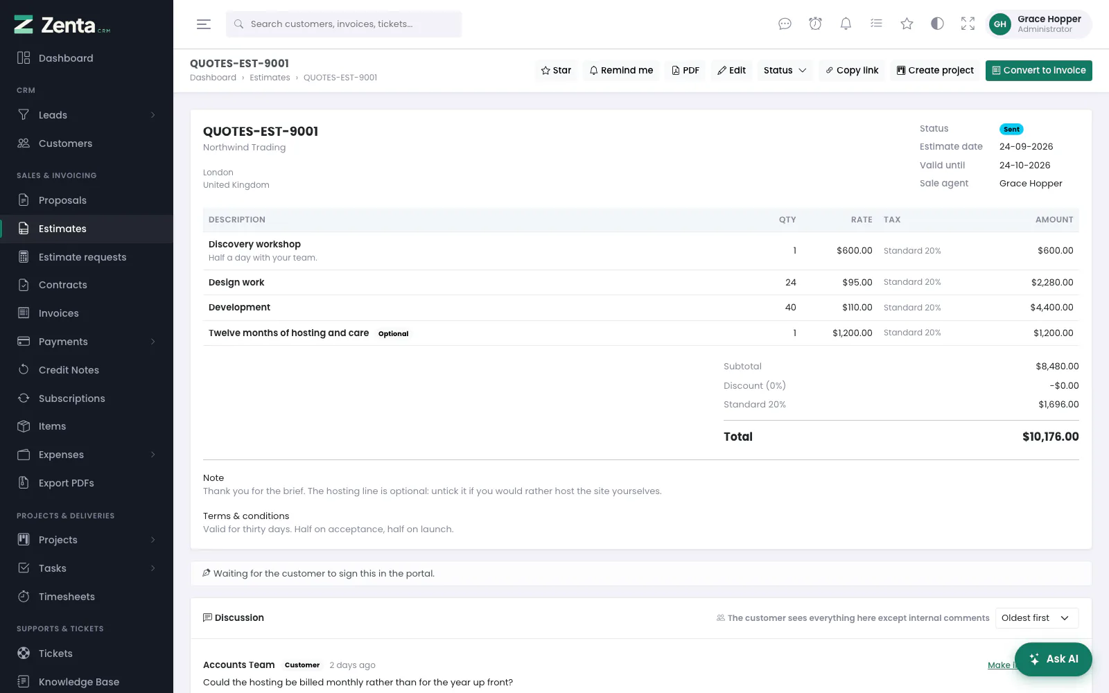 An estimate waiting for the customer: the lines, the optional one marked, and every action along the top.