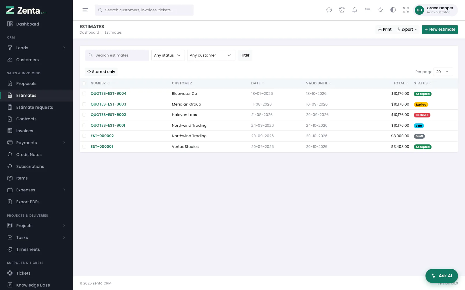 Estimates, with their customer, dates, total and status. An estimate past its date that nobody answered shows as Expired.
