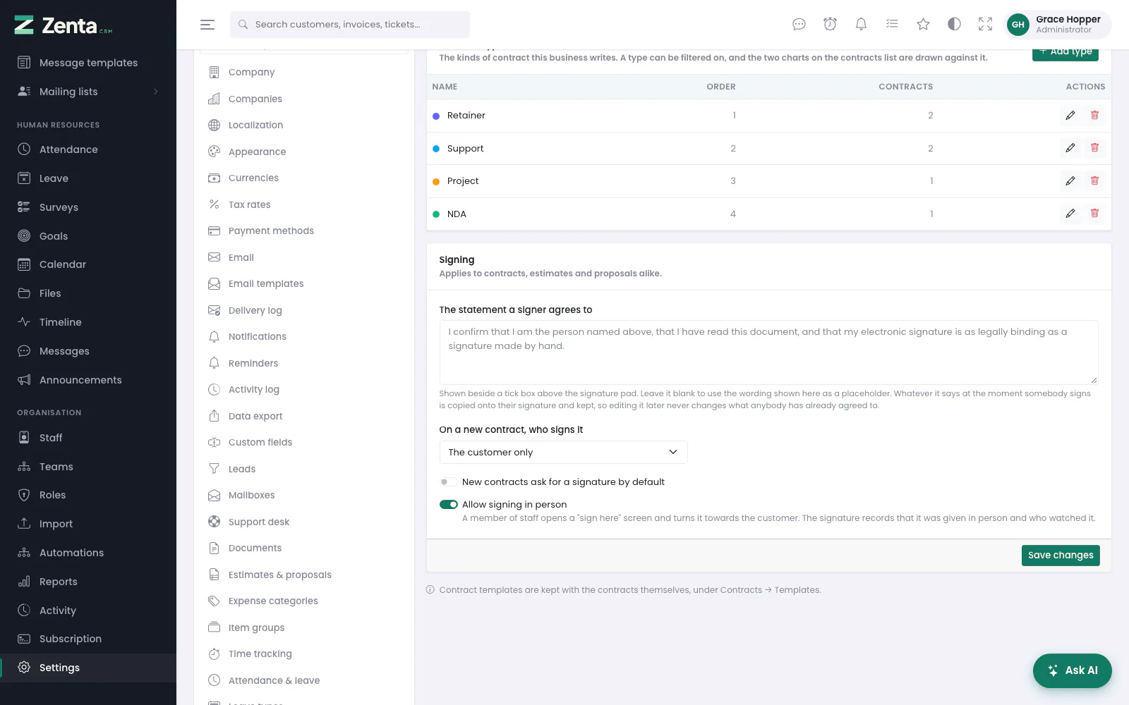 The Signing half of the Settings screen: the statement, who signs a new contract, and the two switches.
