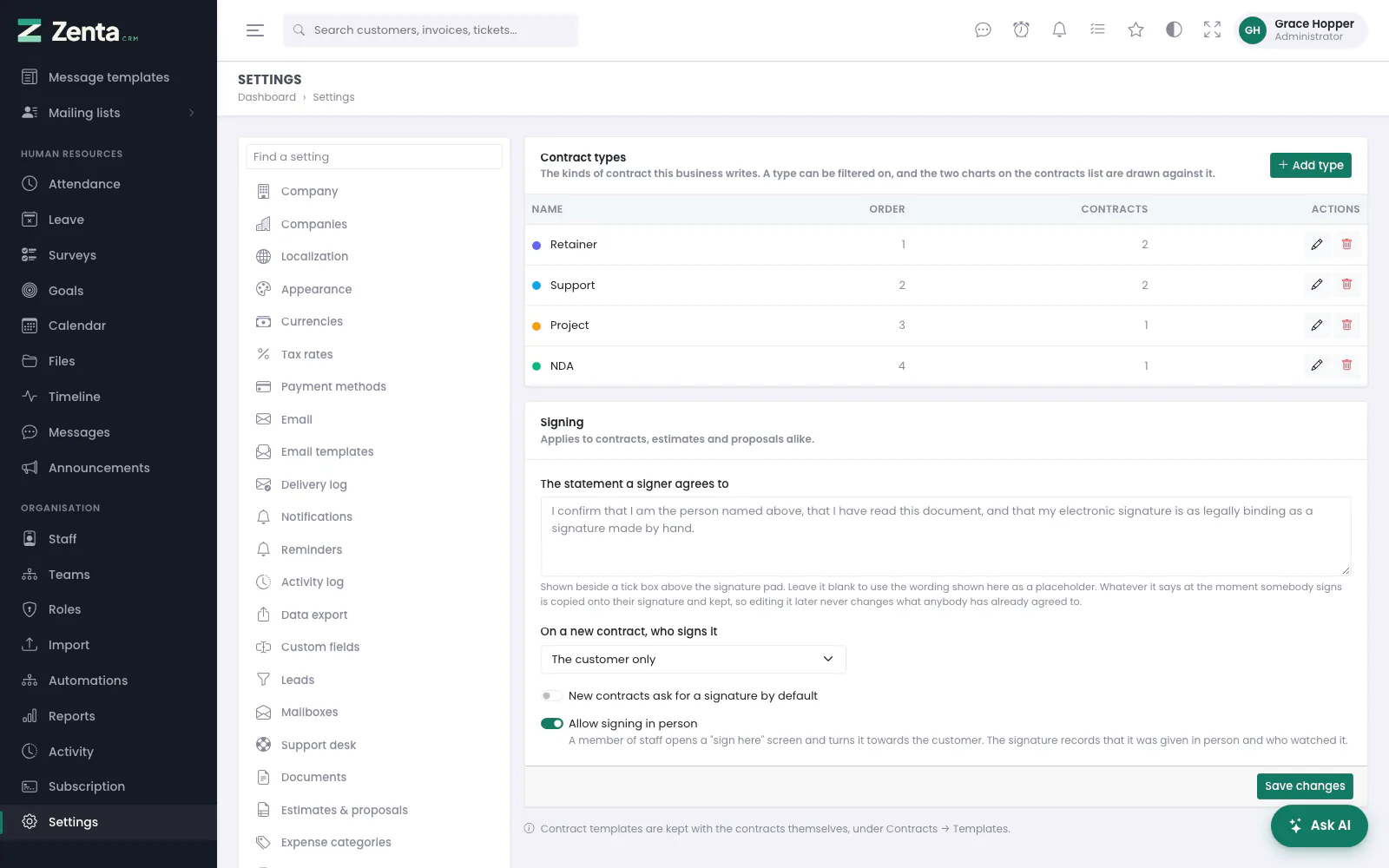 Settings → Contracts & signing: the contract types, with how many contracts each has, and the signing settings.
