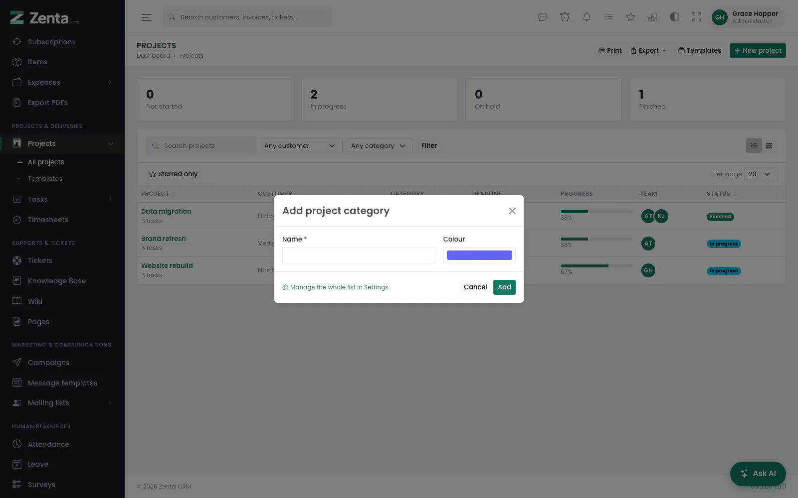 The + beside the Category dropdown, pressed on the projects screen: a name and a colour, over whatever you were doing.
