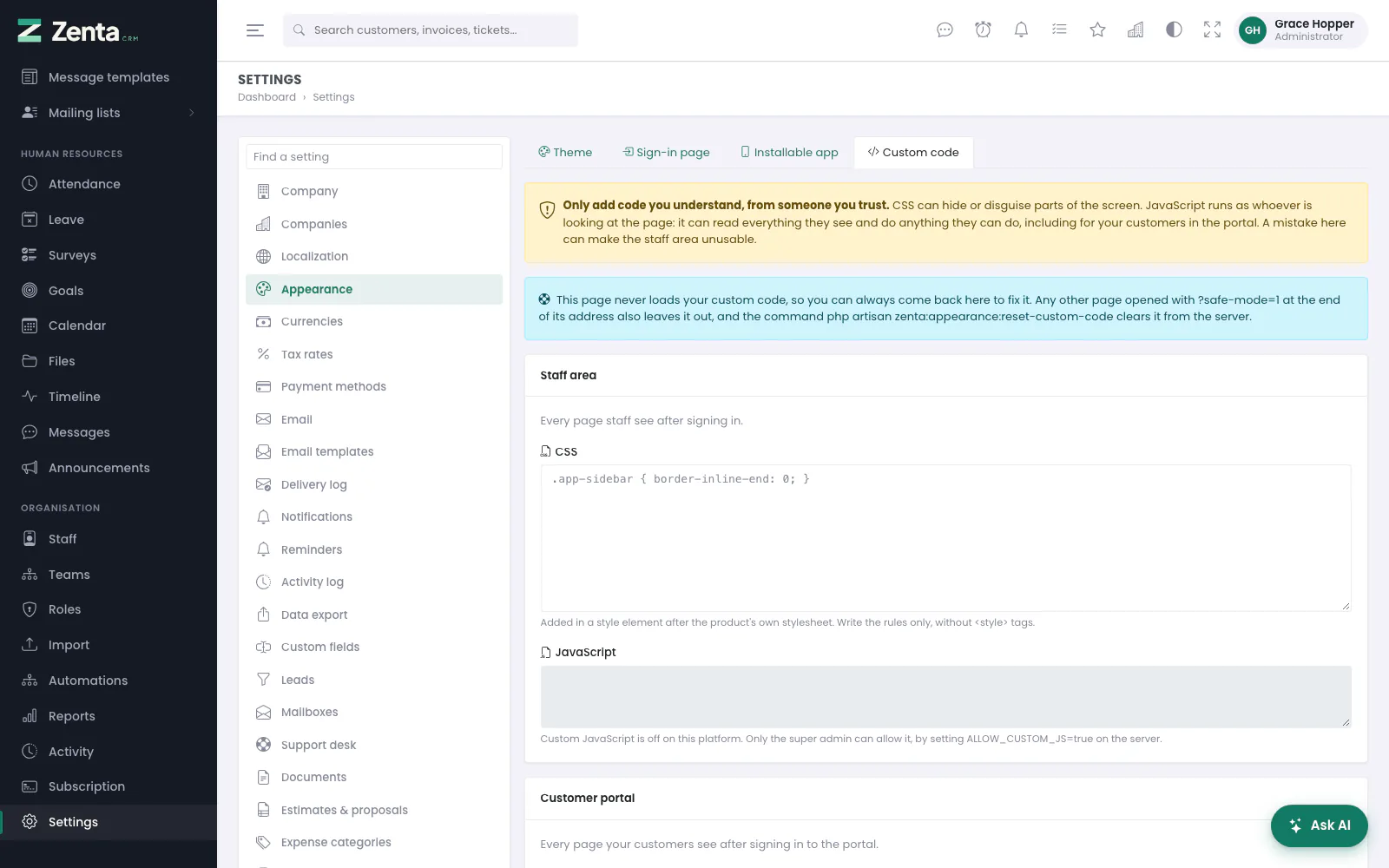 Custom code, for administrators. Here JavaScript is refused by the server, so its box is greyed out.