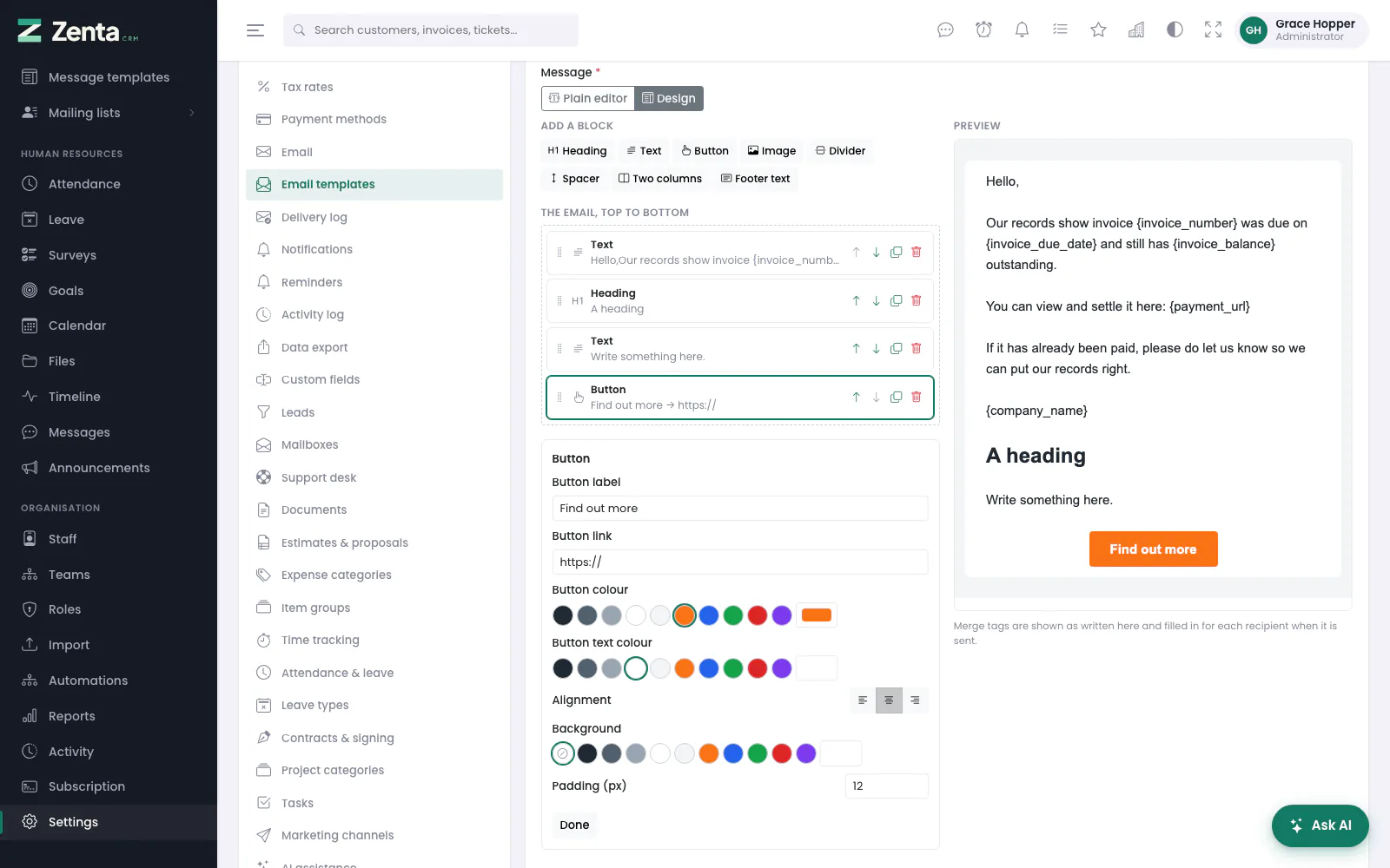 The email builder: blocks on the left, the settings of the chosen block under them, the preview on the right.