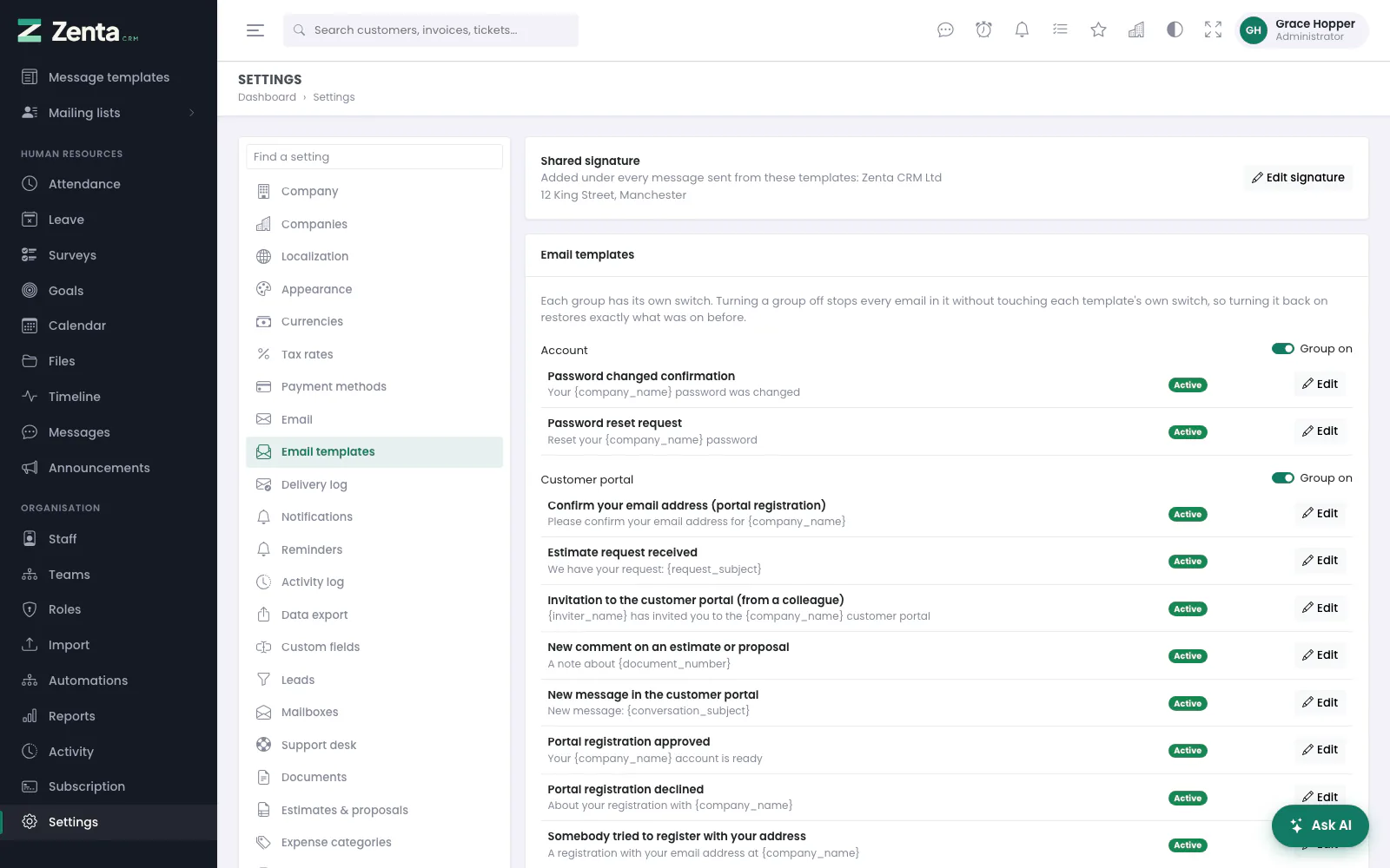 The email templates, grouped by what sends them.