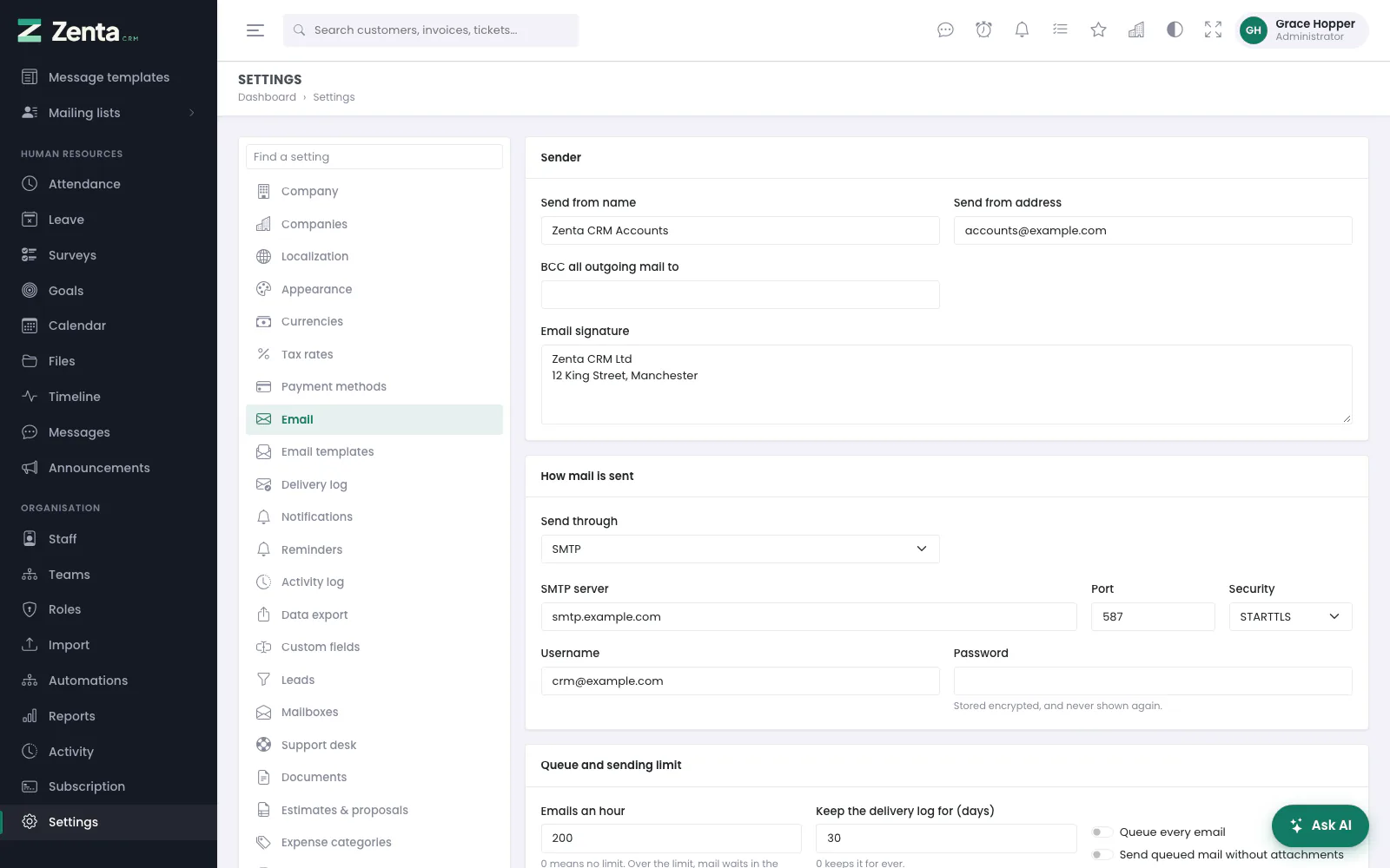 Settings → Email: the sender, and how mail is sent (here, through an SMTP server).