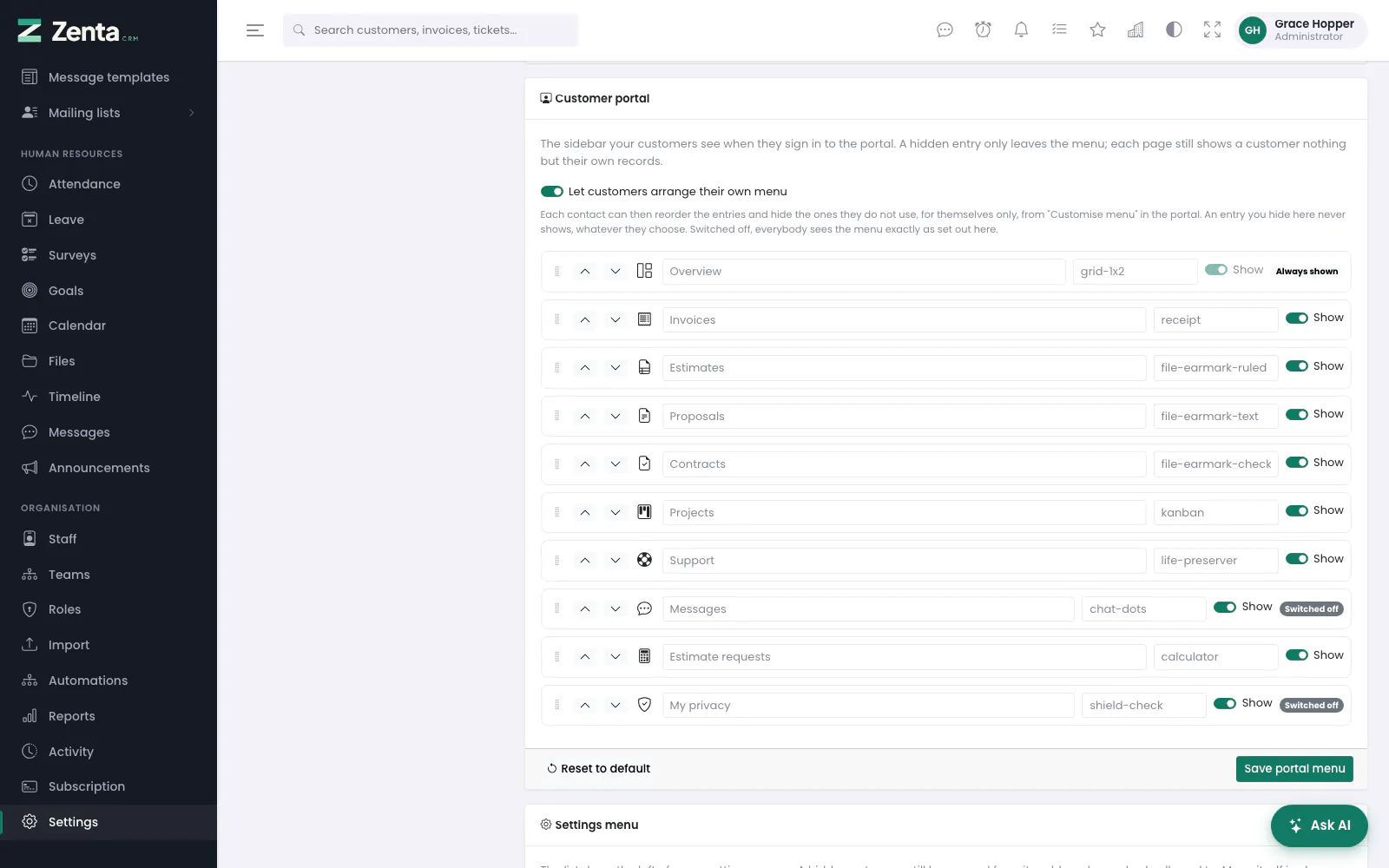 The customer portal menu. Entries for something switched off elsewhere are marked.