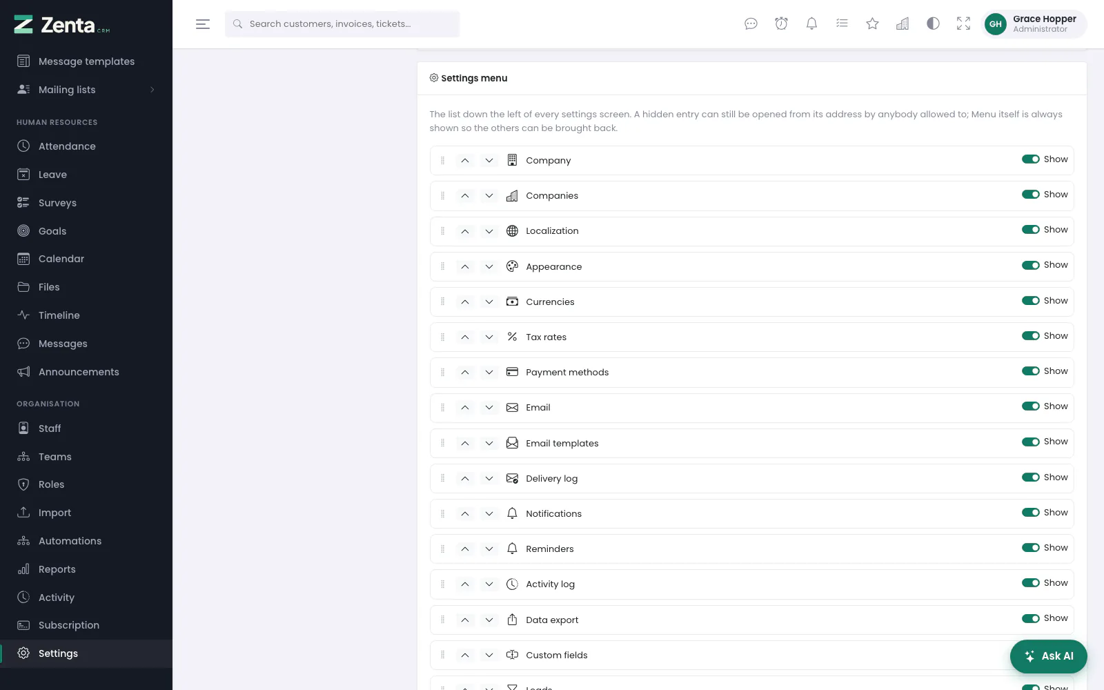 The Settings menu: the list down the left of every settings screen.