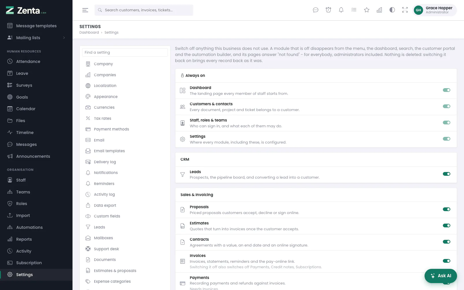 Modules. Switching one off hides its menu entries and closes its pages.