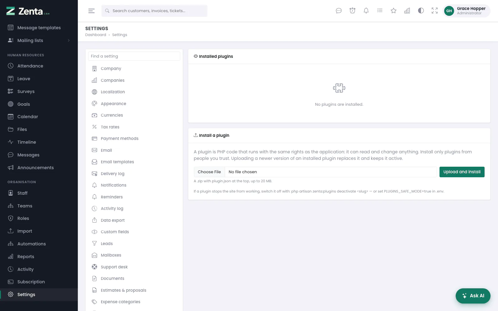 Plugins: those installed, and the form to install one. None are installed here.