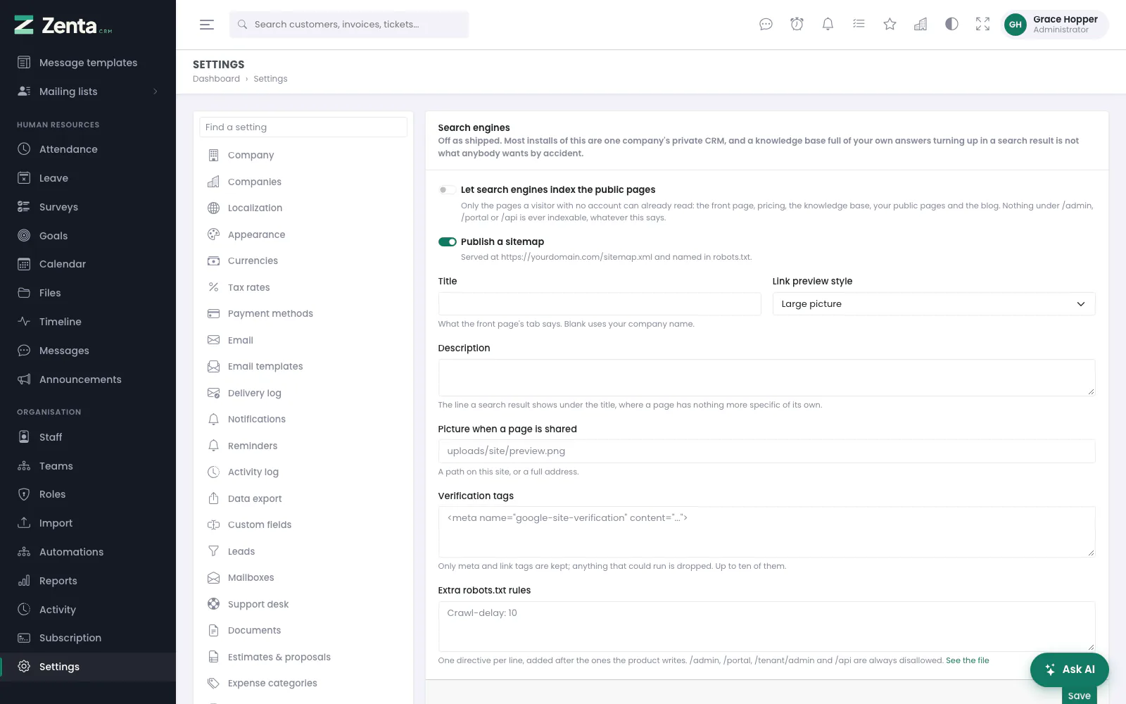 Search engines: off as shipped, because most installs are a private CRM.